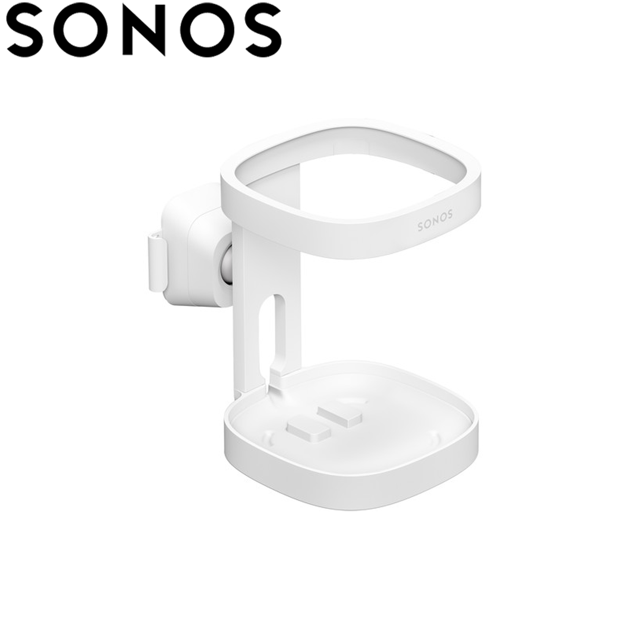 Un soporte blanco para altavoz Sonos fijado a una pared, con el logotipo de Sonos en la parte superior.