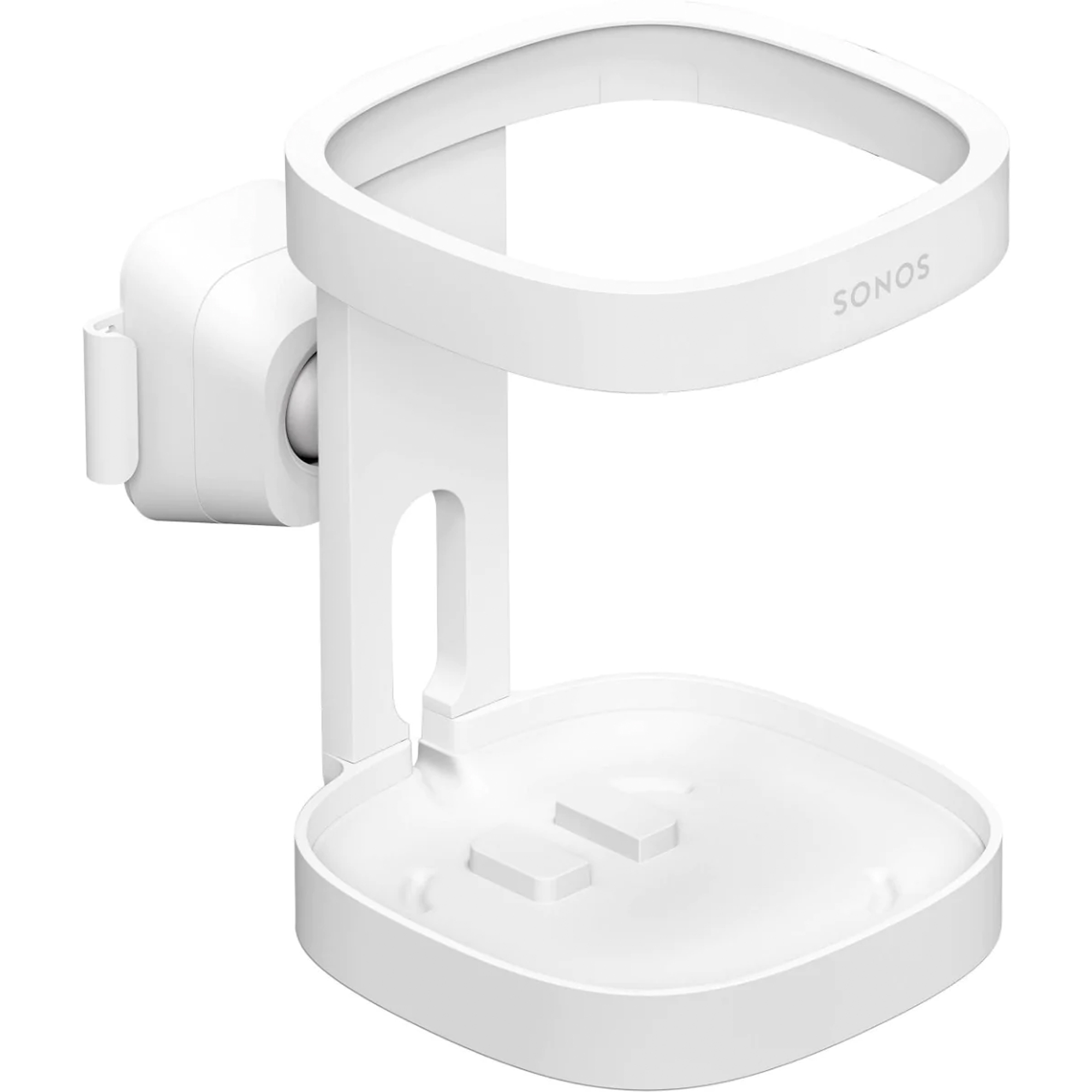 Soporte de altavoz blanco en una pared blanca. Tiene una base y un soporte.