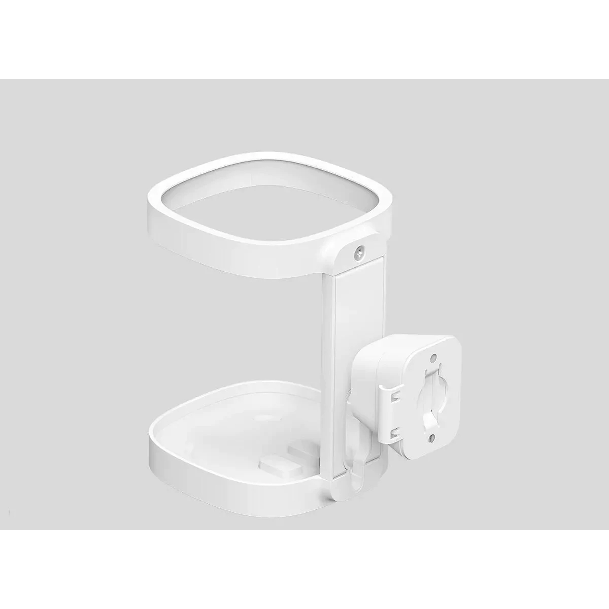 Soporte multifuncional blanco, plegable, con base de carga. Fondo blanco.