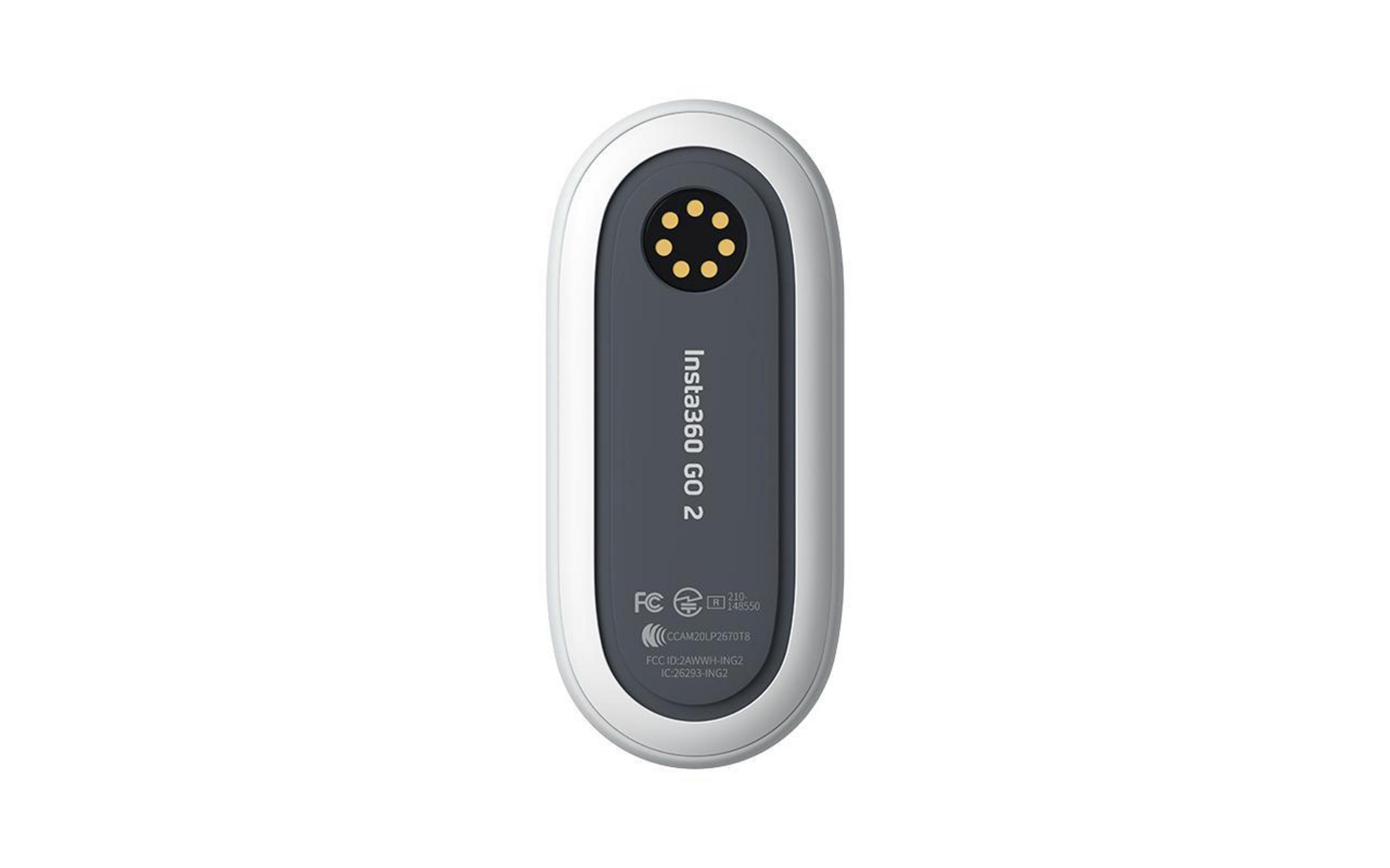 Parte trasera de una cámara blanca Insta360 GO 2, con puerto de carga visible.