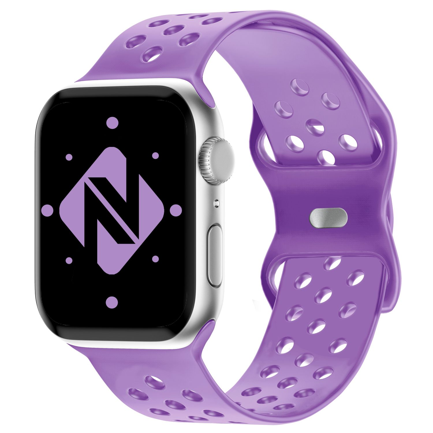 Silberne Smartwatch mit lila Armband.