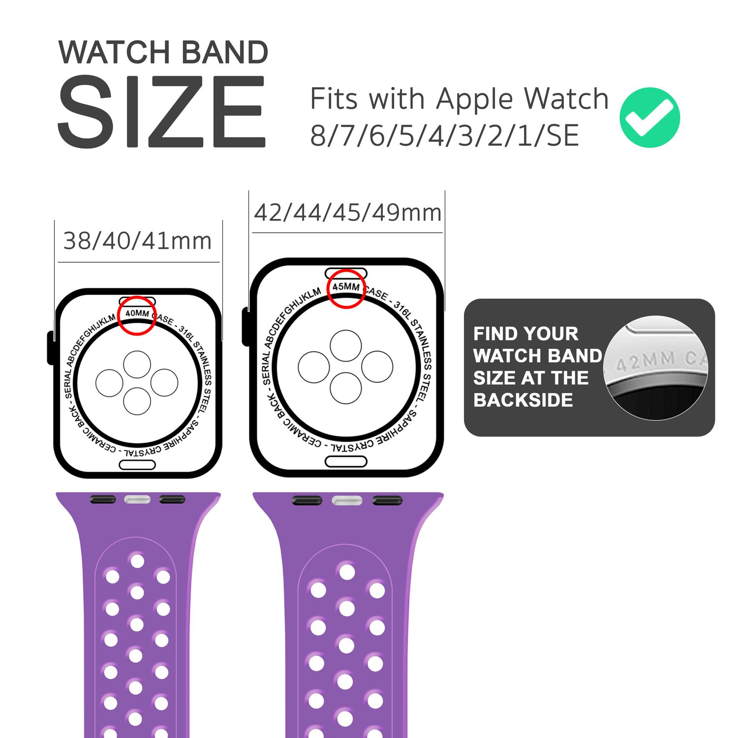 Diagramm, das Armbandgrößen zeigt. Zwei Armbandgrößen werden mit violetten Armbändern darunter gezeigt.