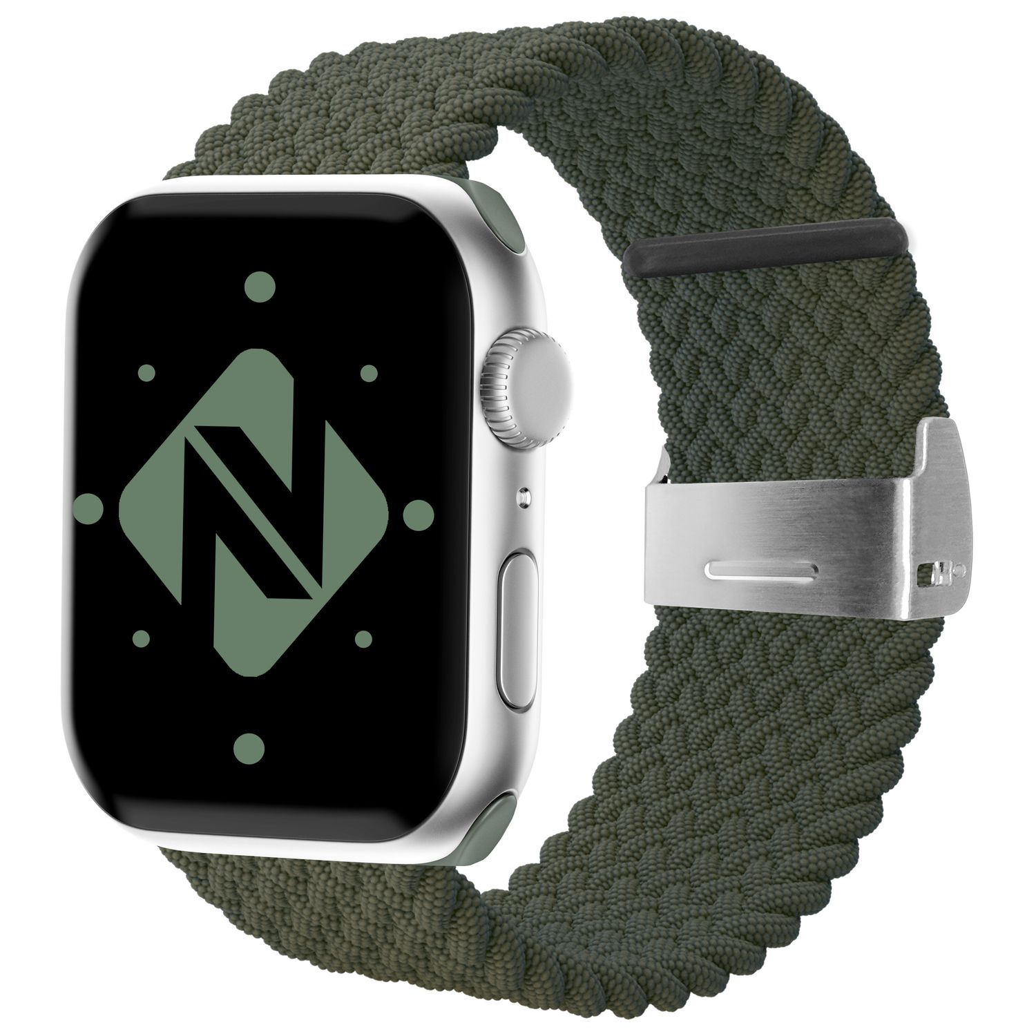 Apple Watch mit olivgrünem geflochtenem Armband und schwarzem Bildschirm mit grünem Logo.