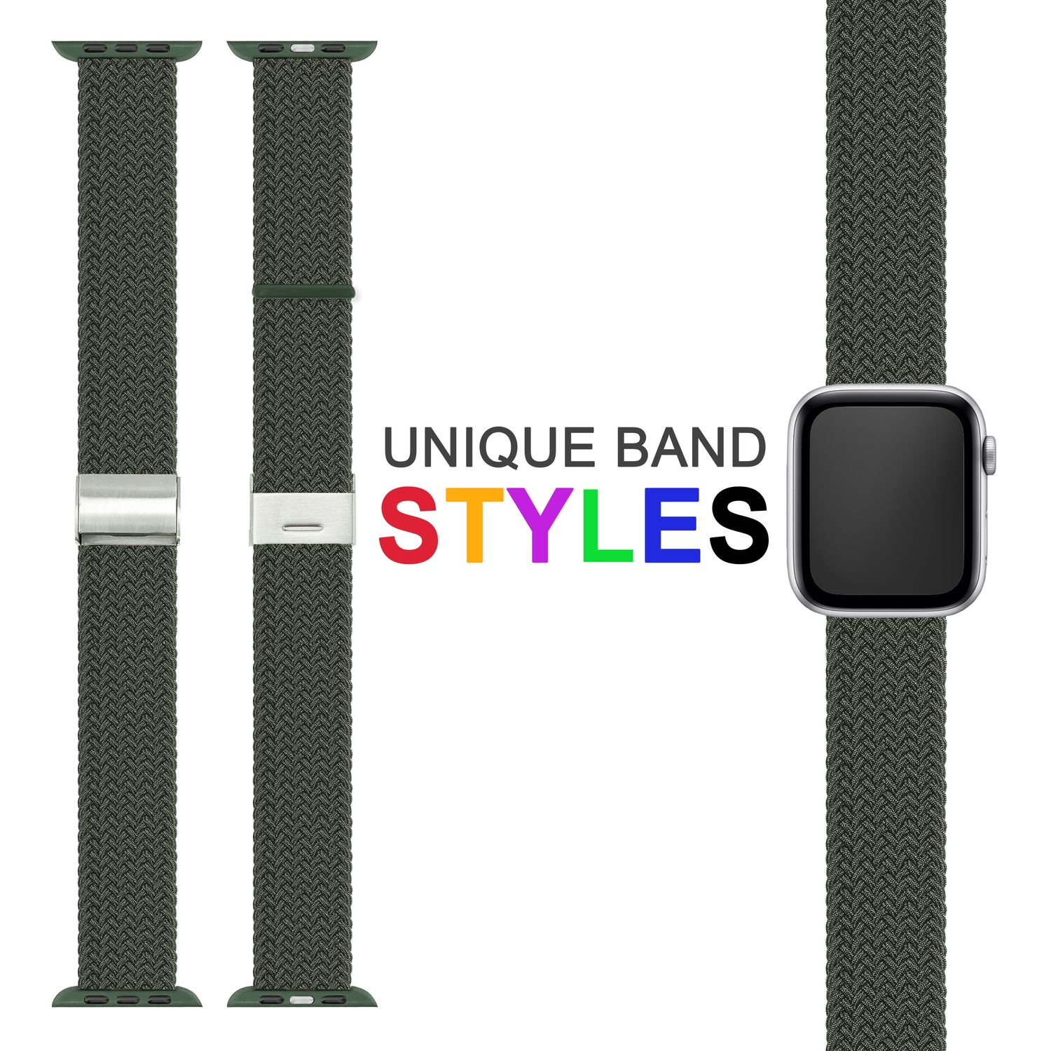Drei Apple Watch-Armbänder: zwei gewebt, eins mit silberner Schnalle.