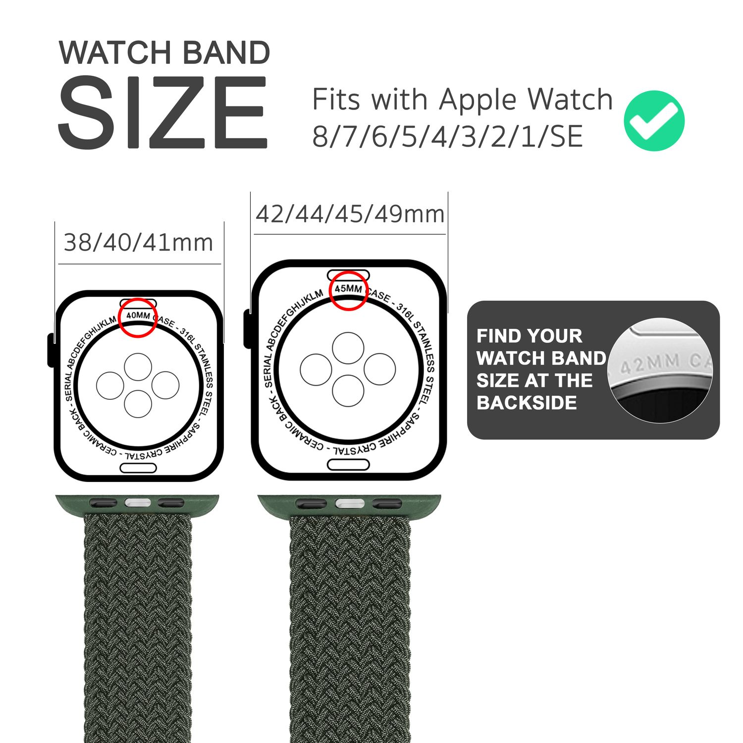 Diagramm der Apple Watch-Armbandgröße, zeigt 38/40/41 und 42/44/45/49mm.