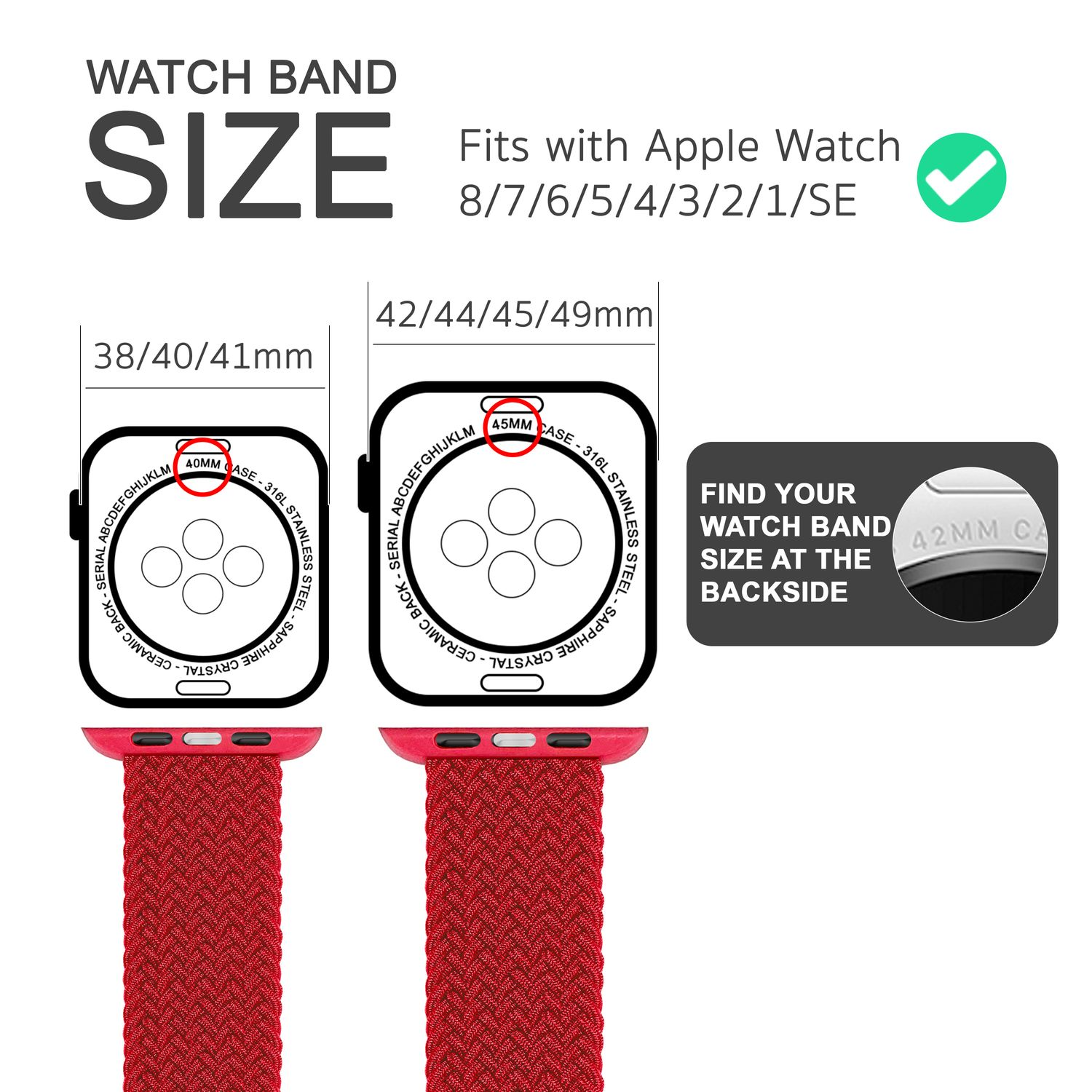 Diagramm mit Armbandgrößen für Apple Watch. Zeigt Größen und Uhrenabmessungen.