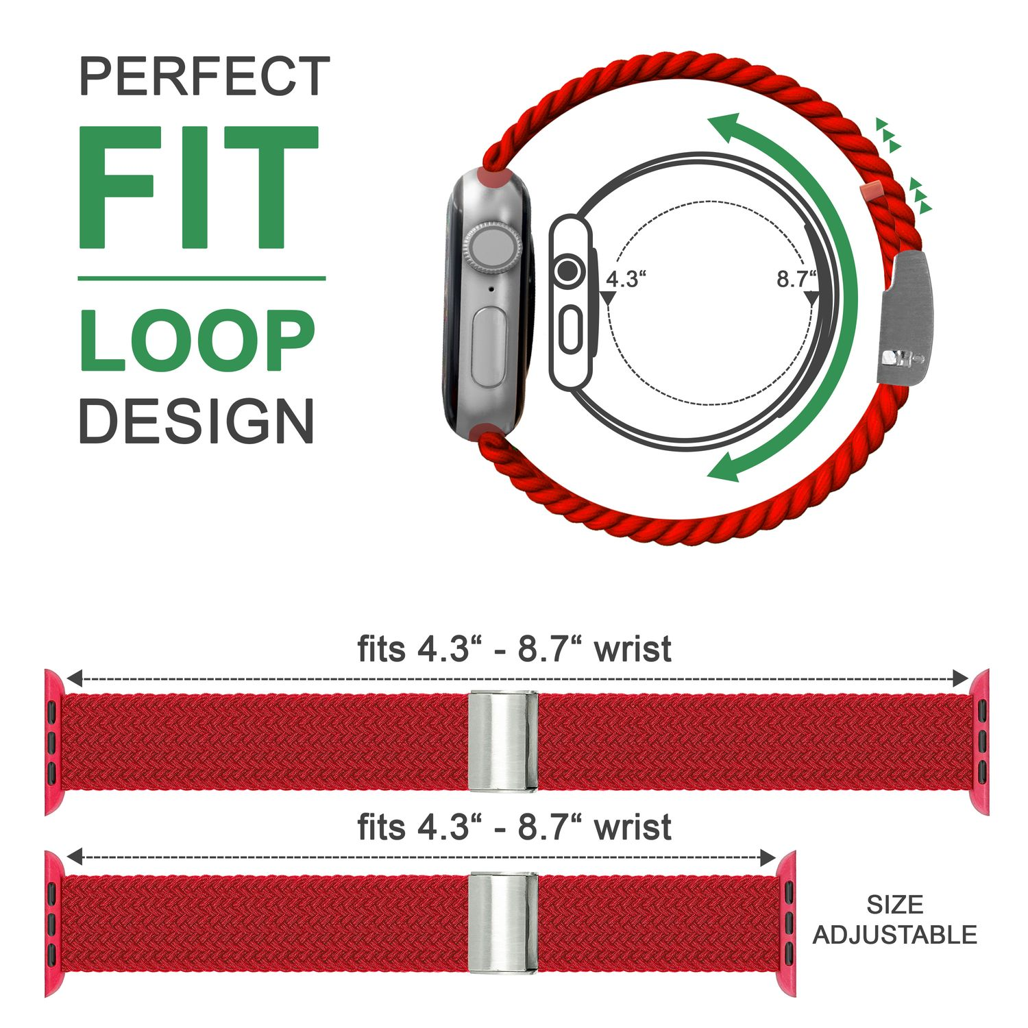 Rotes geflochtenes Apple Watch-Armband. Text: Perfect Fit Loop Design. Passend für 4,3" - 8,7" Handgelenk. Größenverstellbar.