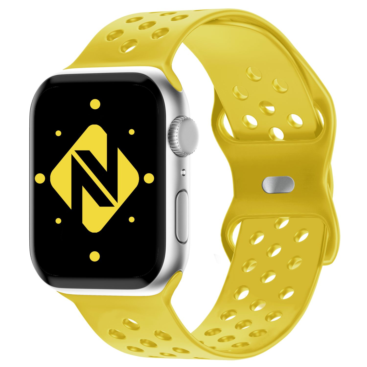 Ein gelbes Smartwatch-Armband mit einem silbernen Zifferblatt, das ein Logo zeigt.