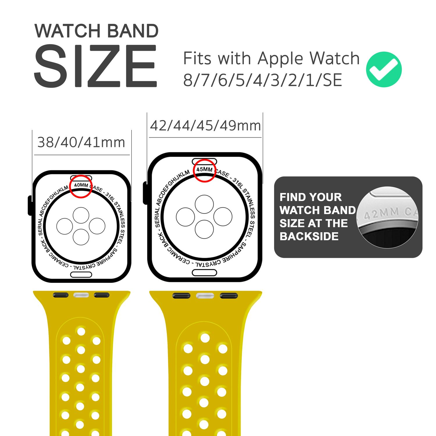 Gelbe Armband-Größenübersicht für Apple Watch, mit Größenangaben und Kompatibilitätsinformationen.