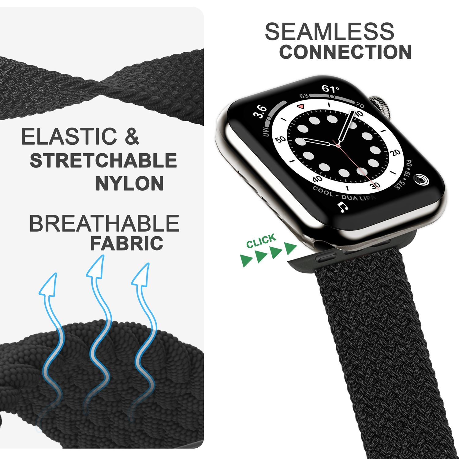 Eine schwarze Apple Watch mit schwarzem Nylonarmband. Texte: Elastisch, dehnbar, atmungsaktiv.