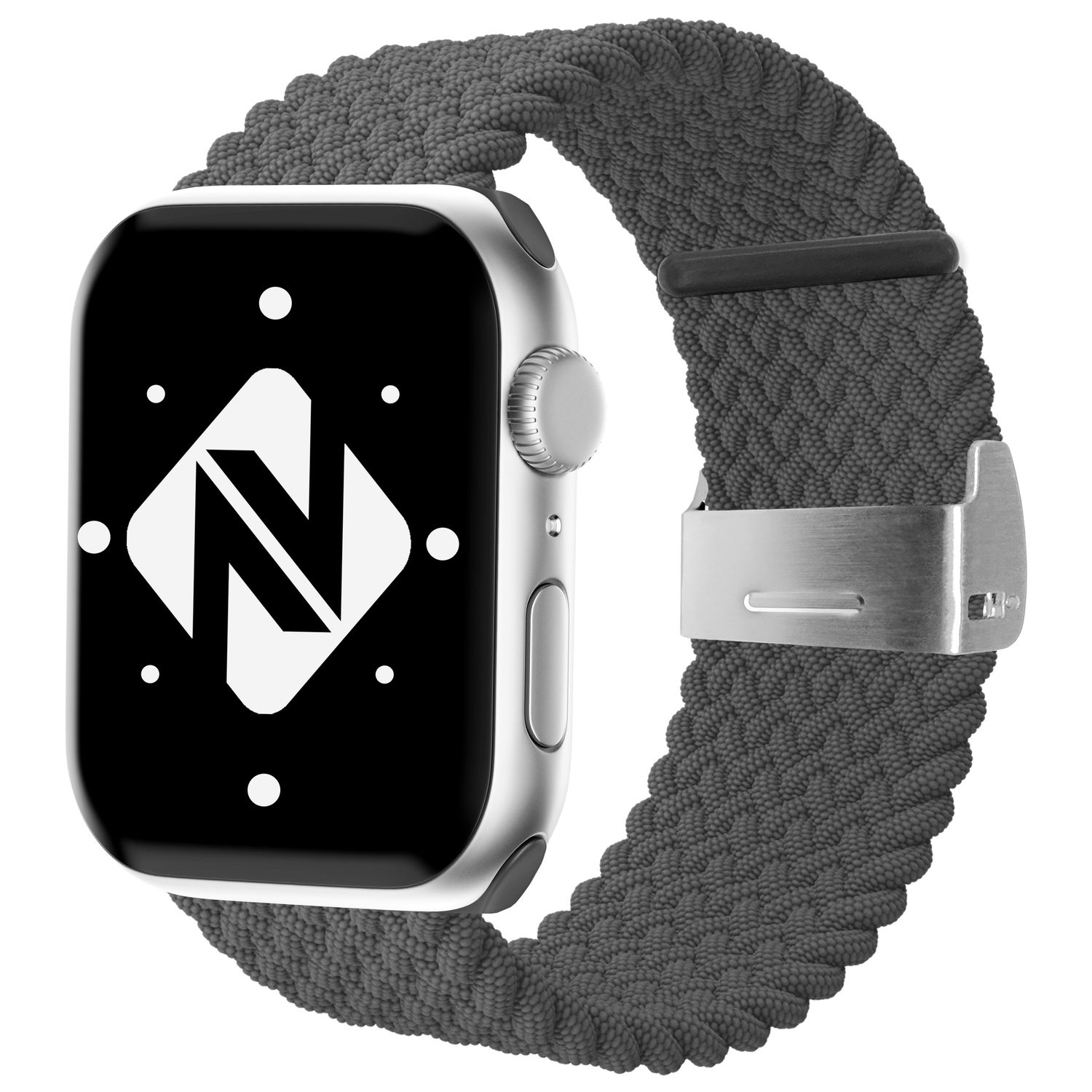 Silberne Smartwatch mit schwarzem Bildschirm und grau geflochtenem Armband mit Schnalle.