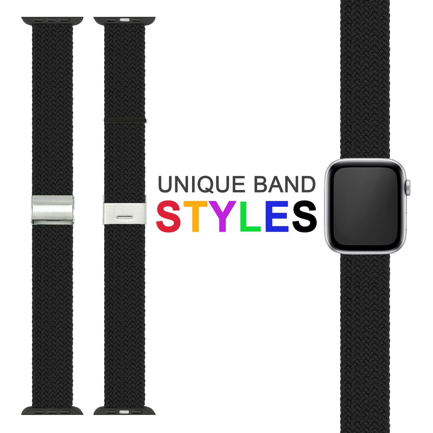 Zwei schwarze Apple Watch-Armbänder mit Metallverschlüssen und eine schwarze Uhr mit Armband.