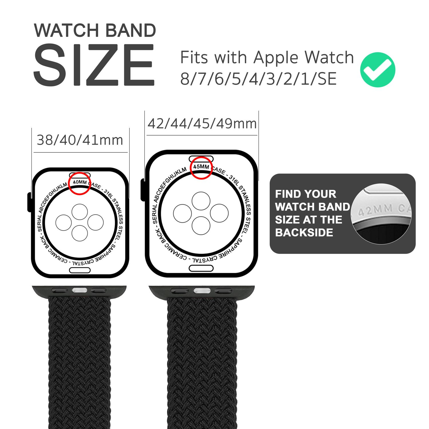 Bild zeigt Armbandgrößen. Textdetails zu Bandgrößen und Kompatibilität mit Apple Watch Modellen.