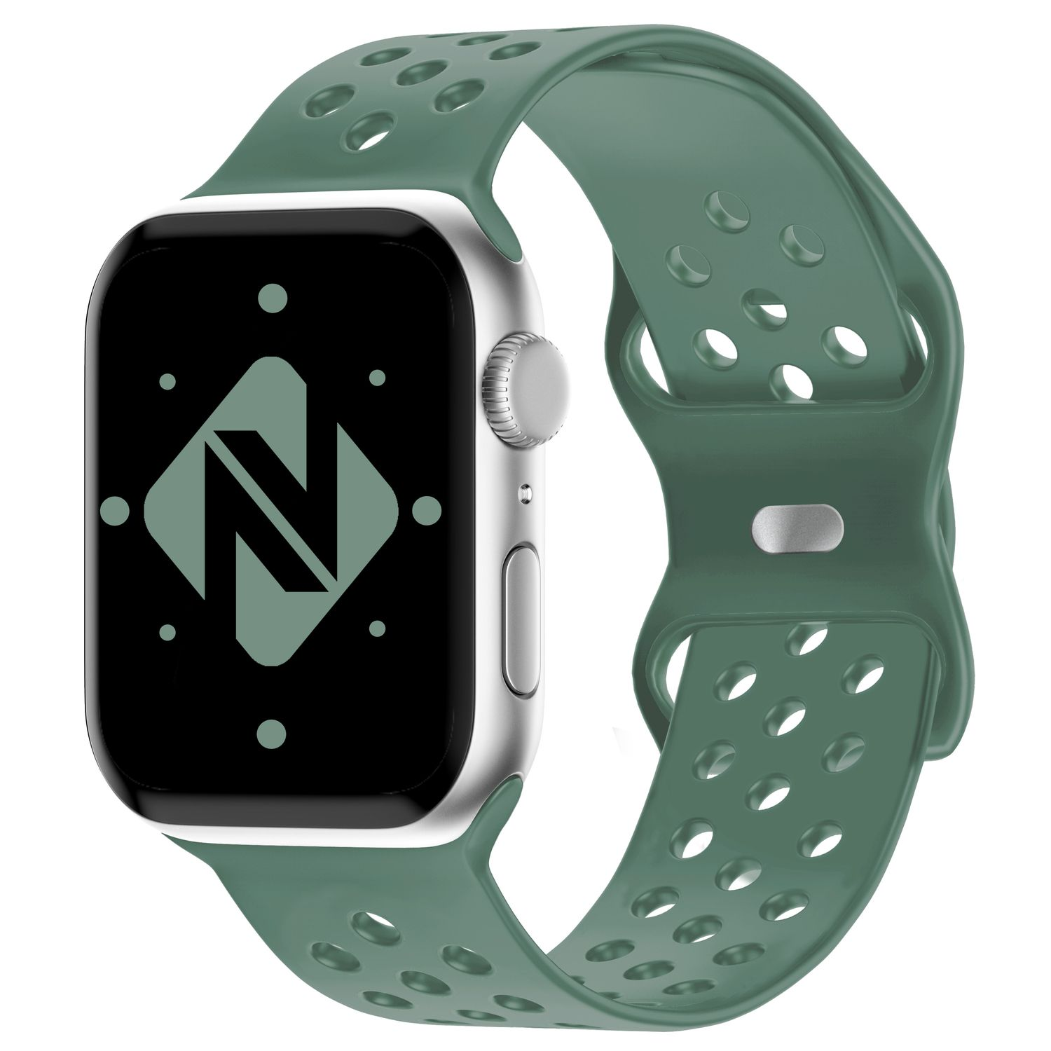 Silberne Smartwatch mit grünem Armband. Der Bildschirm zeigt ein Logo in Diamantenform.