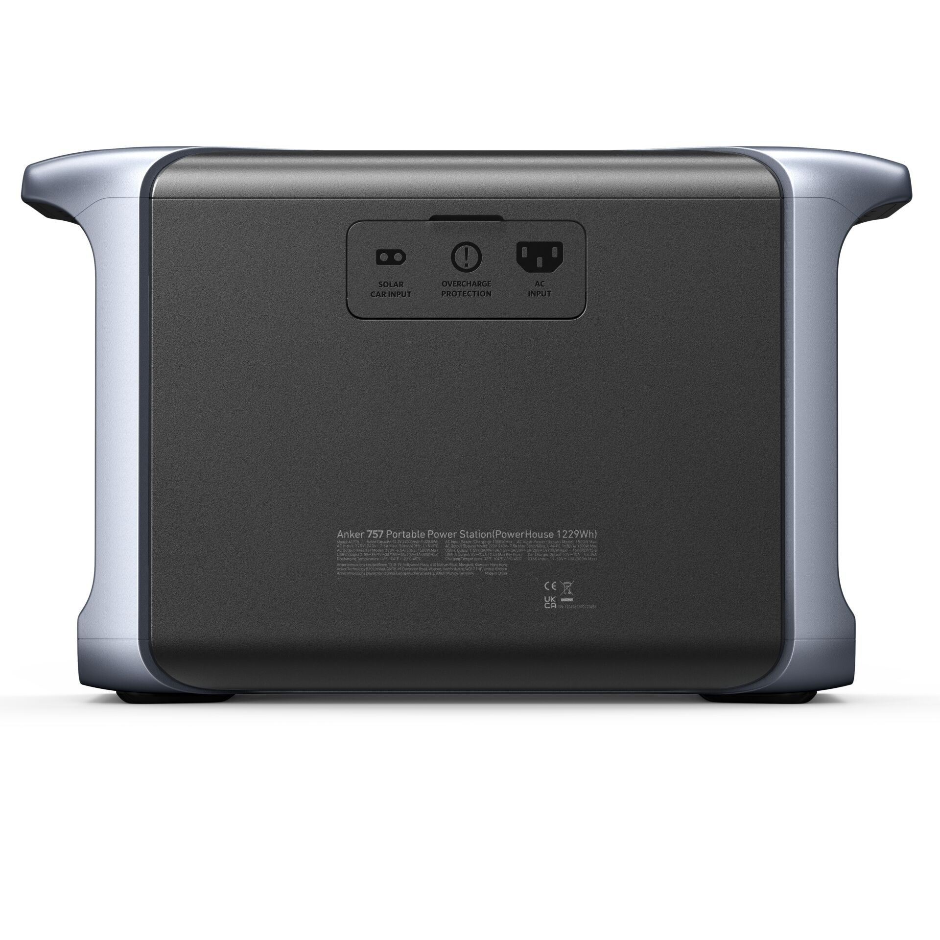 Rückansicht der Anker 757 Portable Power Station. Schwarz-silbernes Design, Anschlüsse beschriftet.