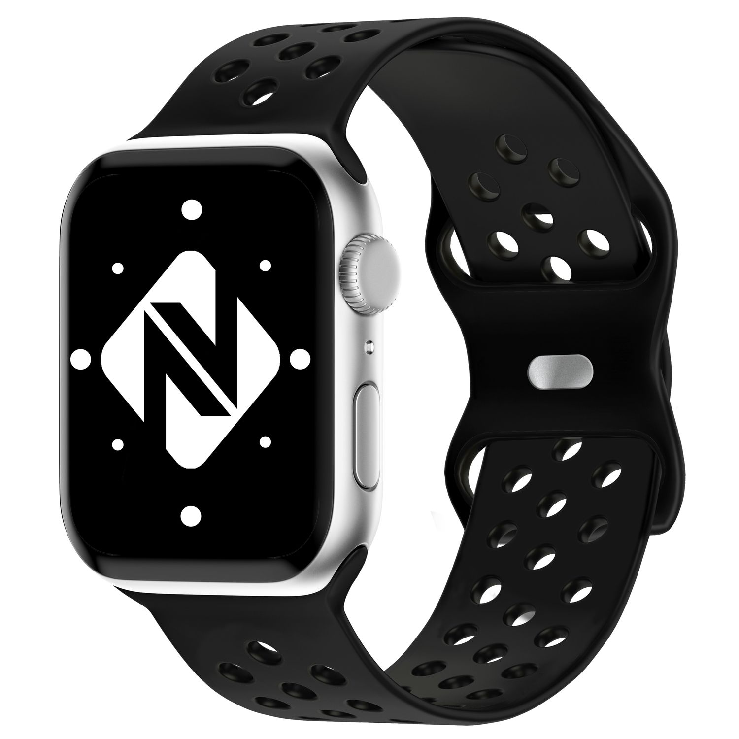 Silberne Smartwatch mit schwarzem Armband. Der Bildschirm zeigt ein weißes Logo.