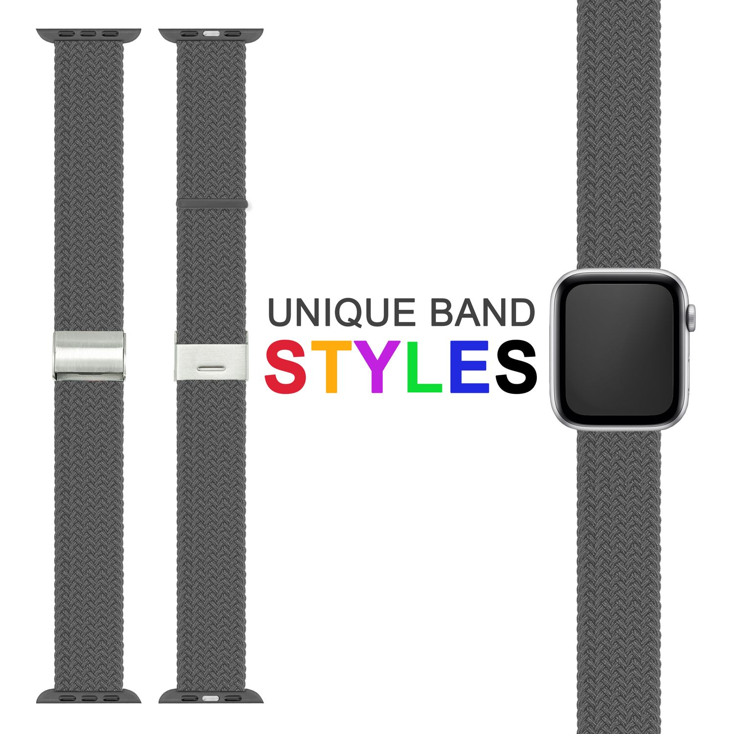 Uhrenarmbänder und eine Uhr, mit dem Text "UNIQUE BAND STYLES" in leuchtenden Farben.