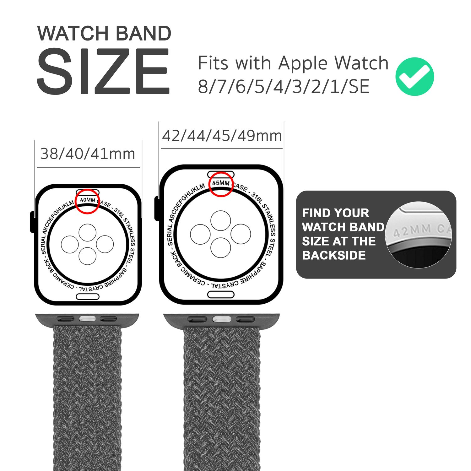 Bild mit Armbandgrößen. Apple Watch-Armbänder mit Text und Maßen gezeigt.