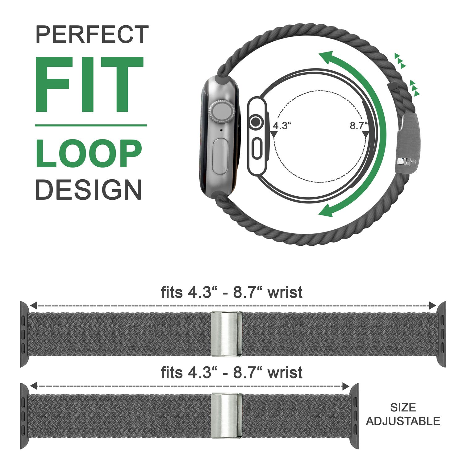 Schwarzes Uhrenarmband mit grau gewebter Textur, am Handgelenk gezeigt. Text: 'Perfect Fit Loop Design'.