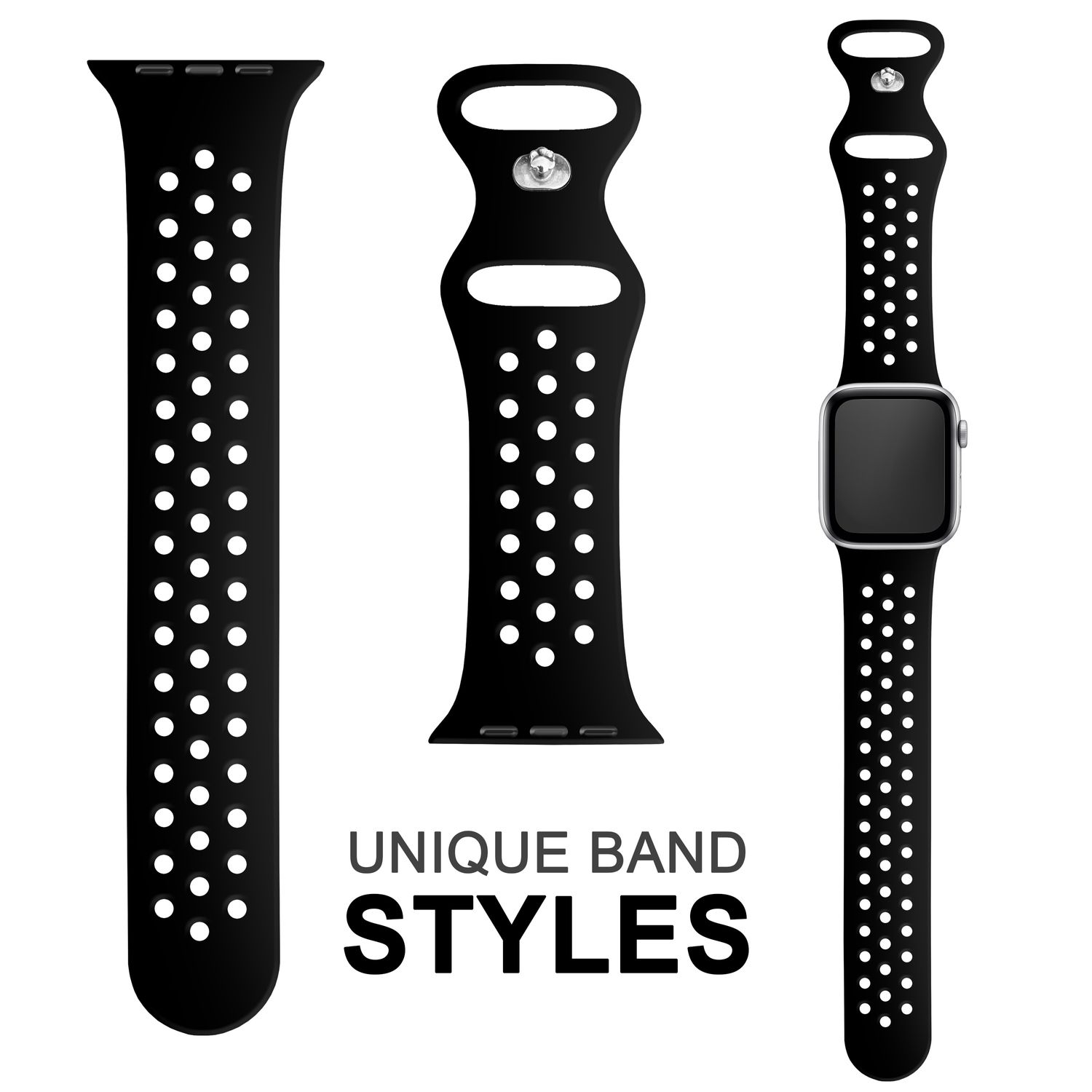 Schwarze Uhrenarmbänder in verschiedenen Ausführungen. Ein Armband ist an einer Uhr befestigt, die die Zeit anzeigt.