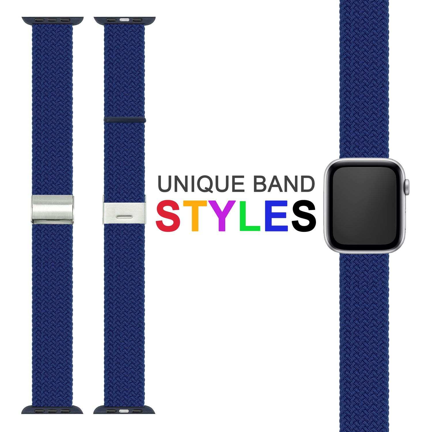Blaues Uhrenarmband, mit einzigartigem Webstil. Das Wort 'STYLES' befindet sich in der Mitte des Bildes.