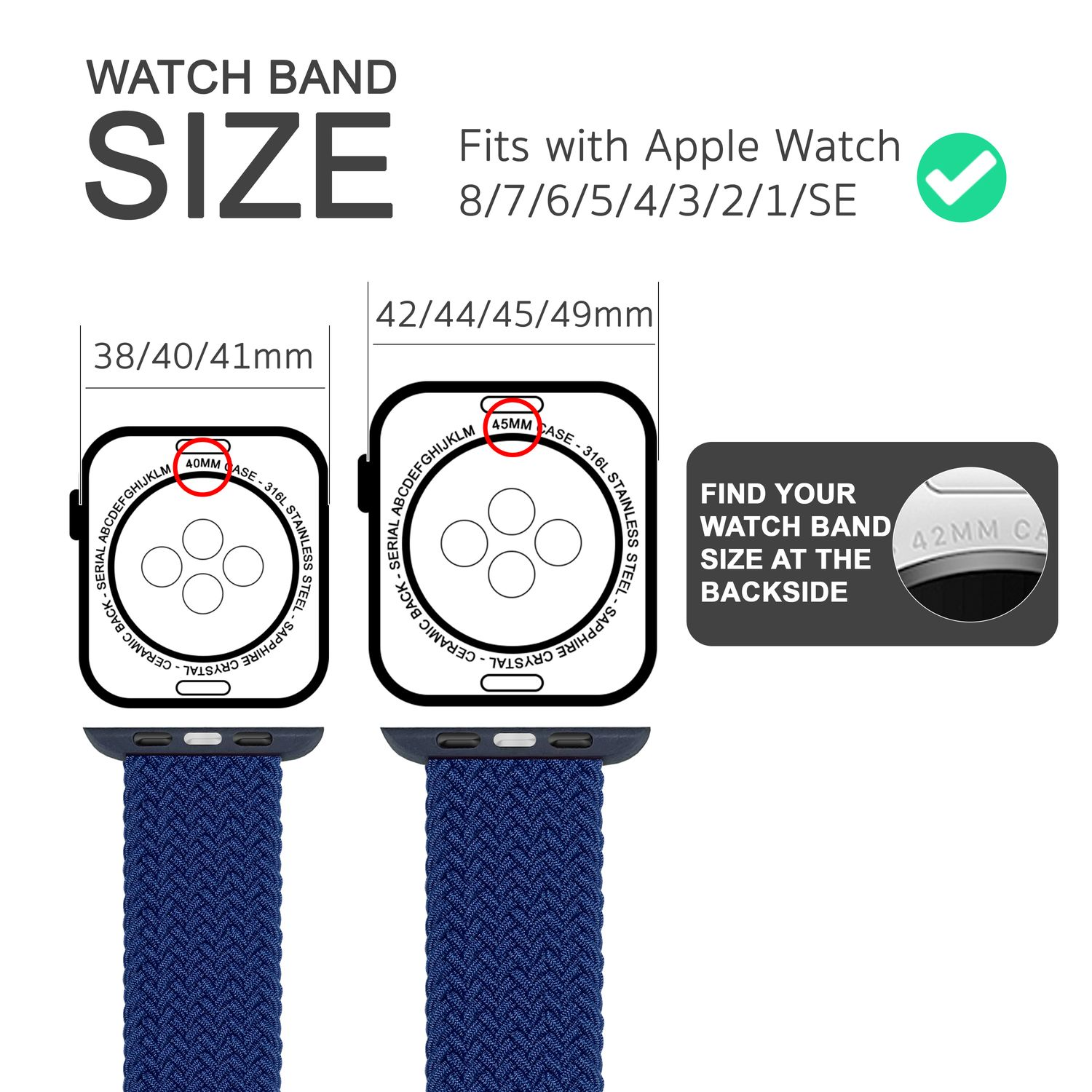 Armbandgrößen-Leitfaden. Zeigt Größen und Kompatibilität mit Apple Watch-Modellen.