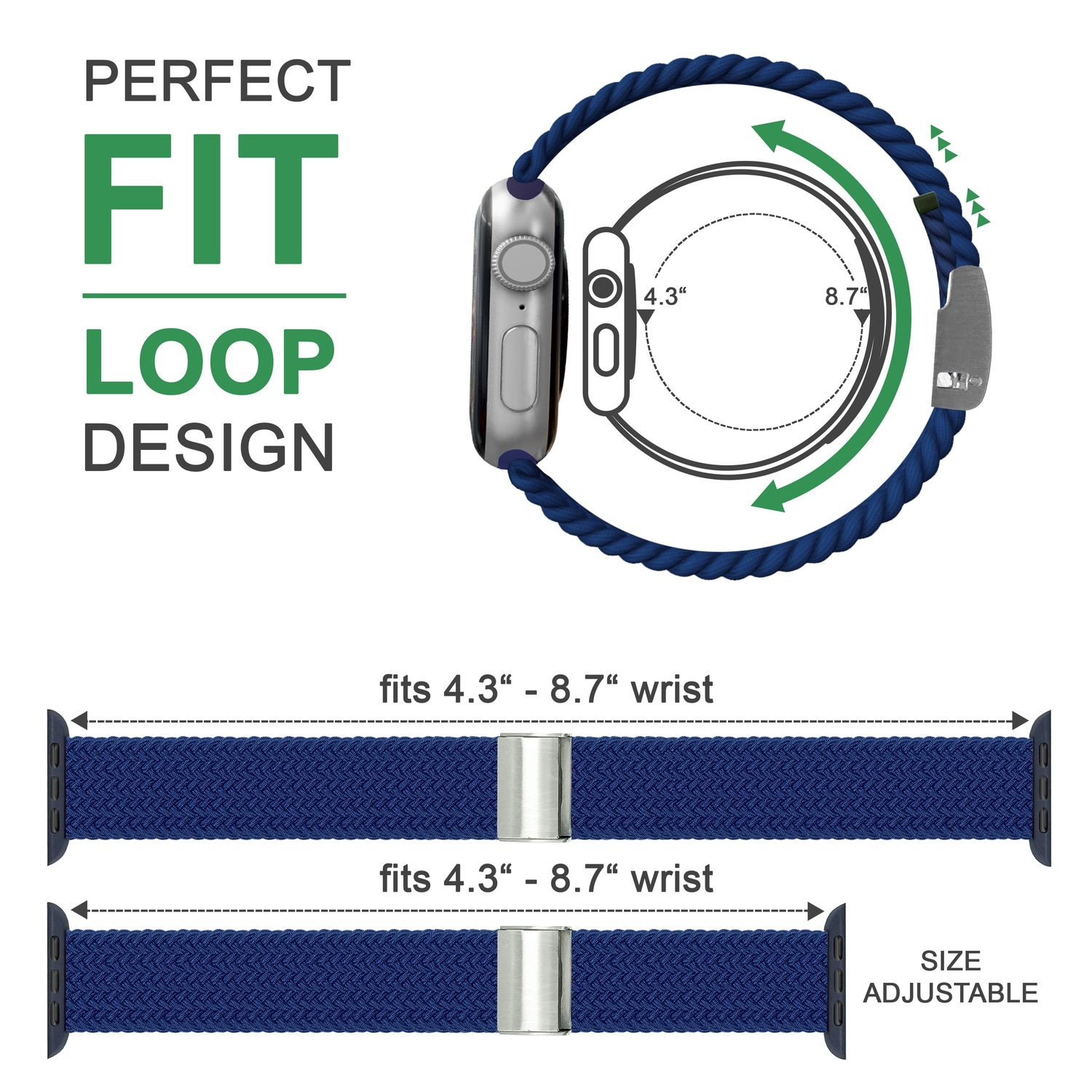 Blau geflochtenes Uhrenarmband mit silberner Schließe. Das Armband ist verstellbar.