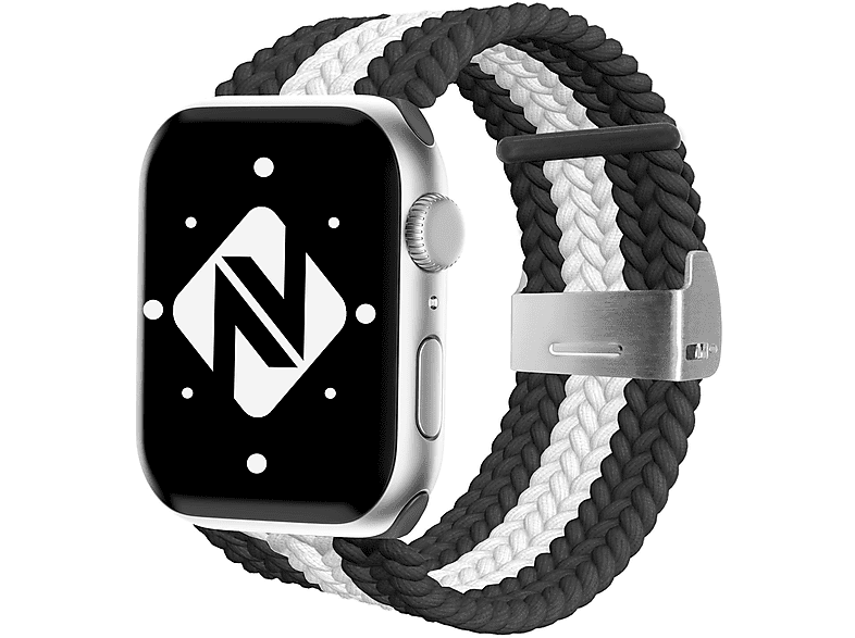 NALIA Geflochtenes Smart-Watch Armband, Ersatzarmband, Apple, Apple Watch 42mm/44mm/45mm/49mm, Schwarz Weiß