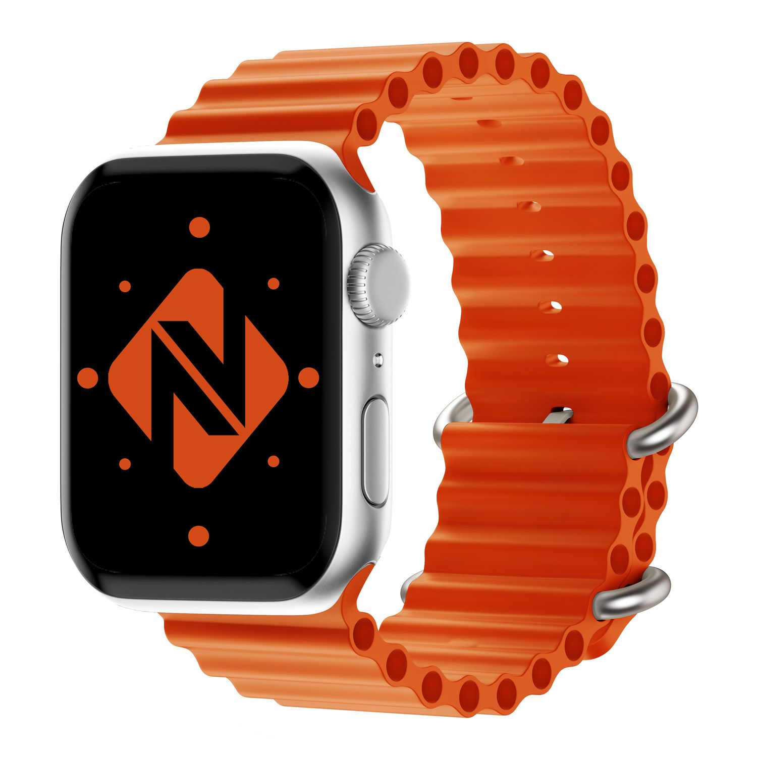 Silberne Smartwatch mit orangefarbenem Armband. Der Bildschirm zeigt Logo.