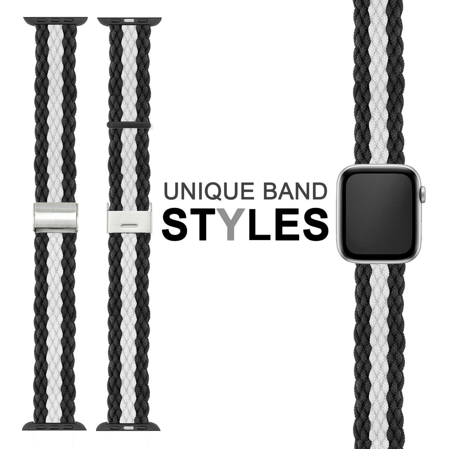 Geflochtene Armbänder in Schwarz, Weiß und Grau. Eines zeigt das Band und die Uhr, das andere das Band.