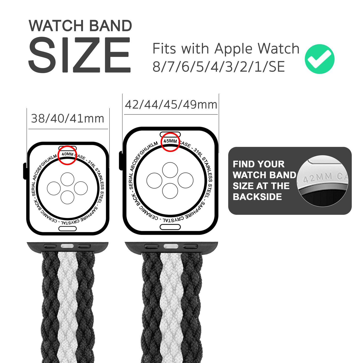 Diagramm mit Armbandgrößen für Apple Watch. Zeigt Größen und Uhrenabmessungen.
