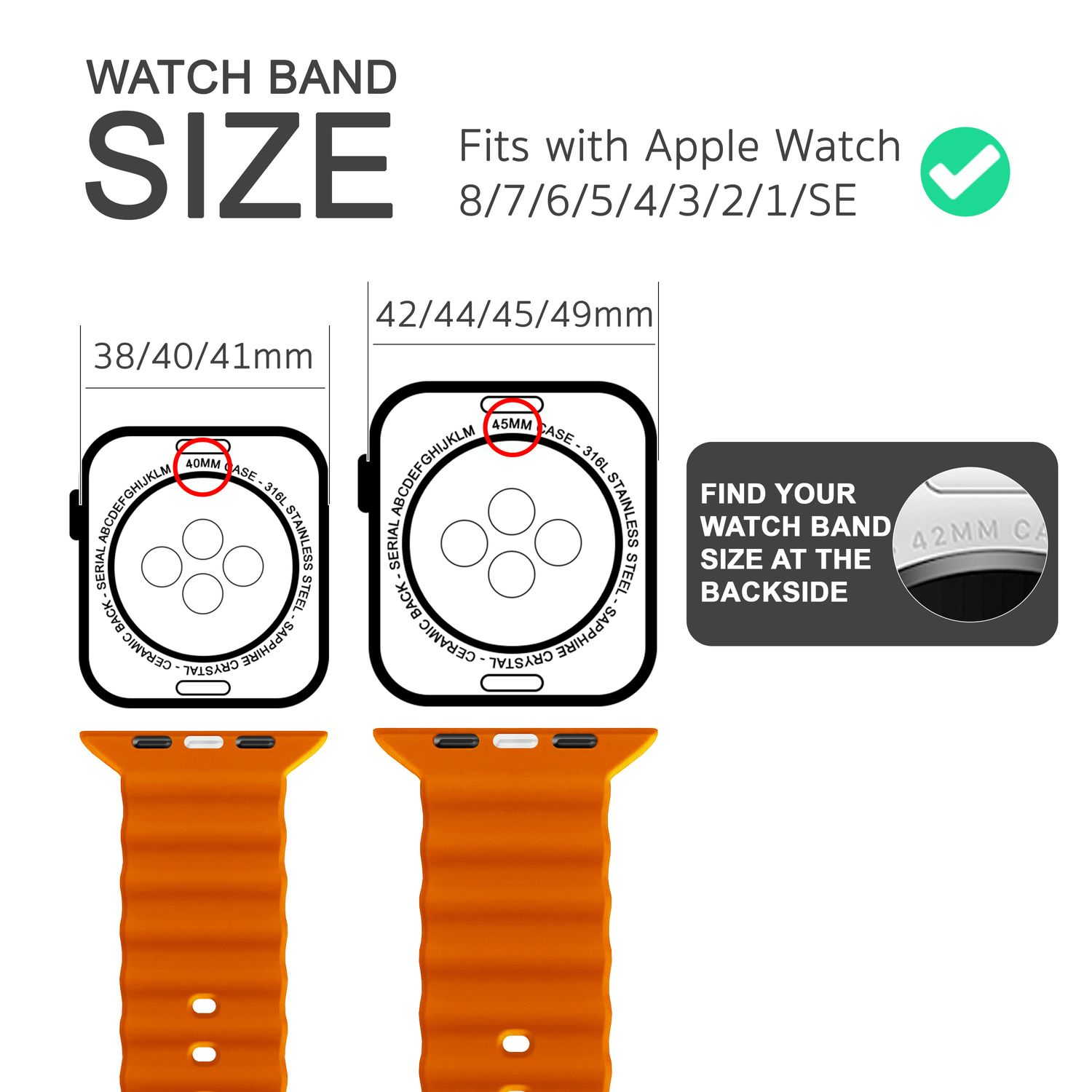 Orangenes Uhrenarmband neben Uhrgrößen, 38-41mm und 42-49mm. Text zeigt Kompatibilität.