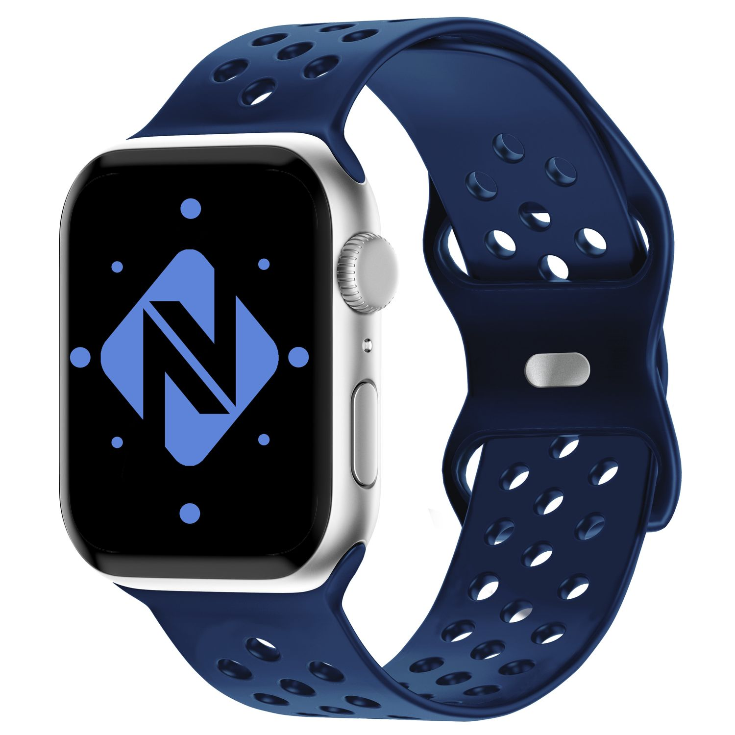 Apple Watch mit blauem, perforiertem Band und schwarzem Bildschirm mit blauem Logo.