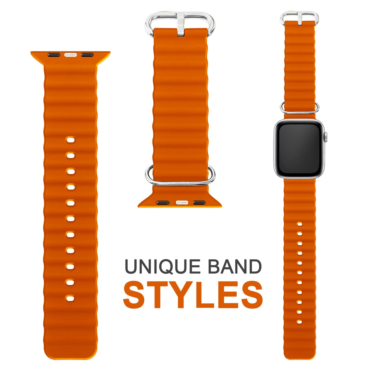 Orangenes Uhrenarmband in drei Ansichten: vorne, seitlich und mit Smartwatch. Weißer HG.