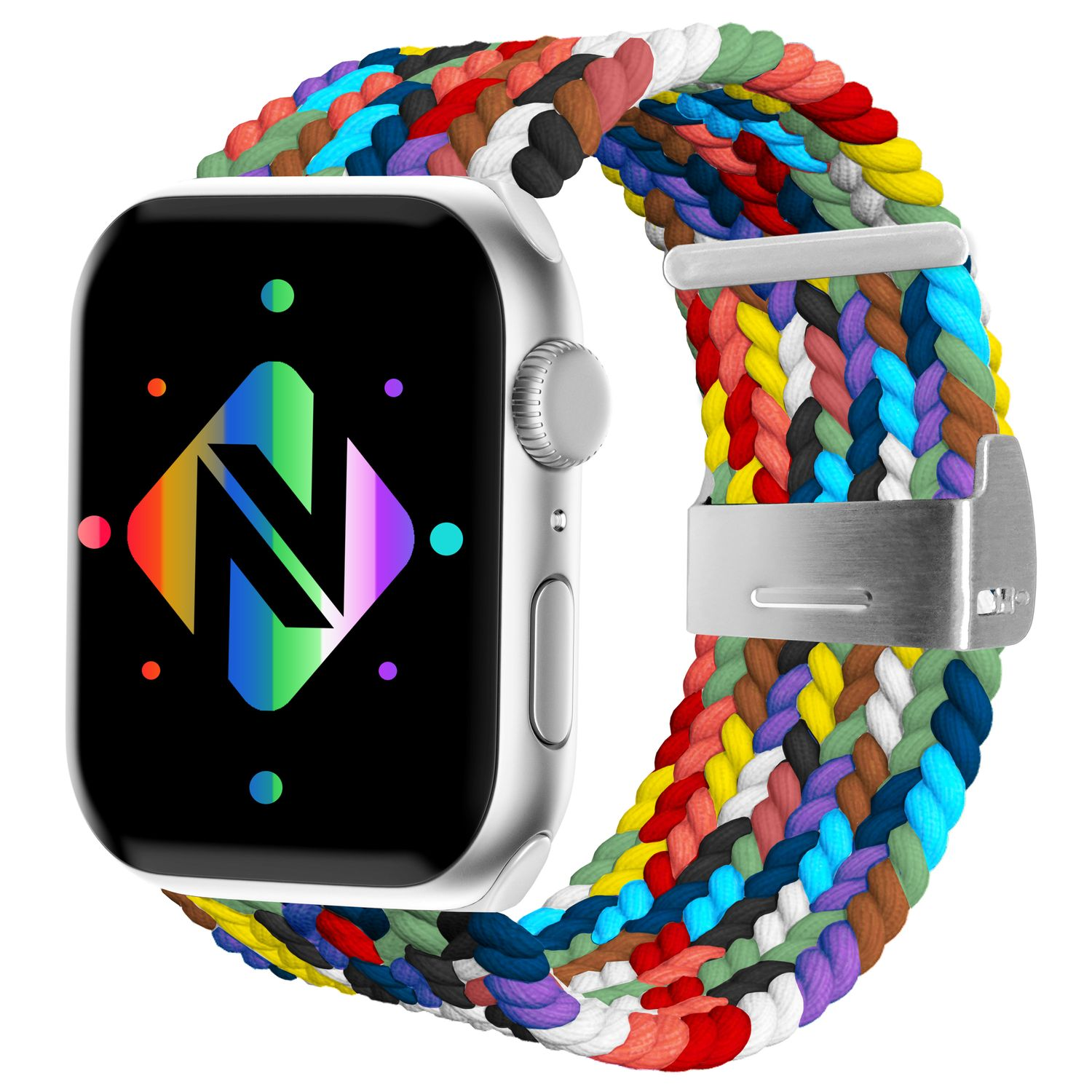 Silberne Smartwatch mit geflochtenem, buntem Armband.