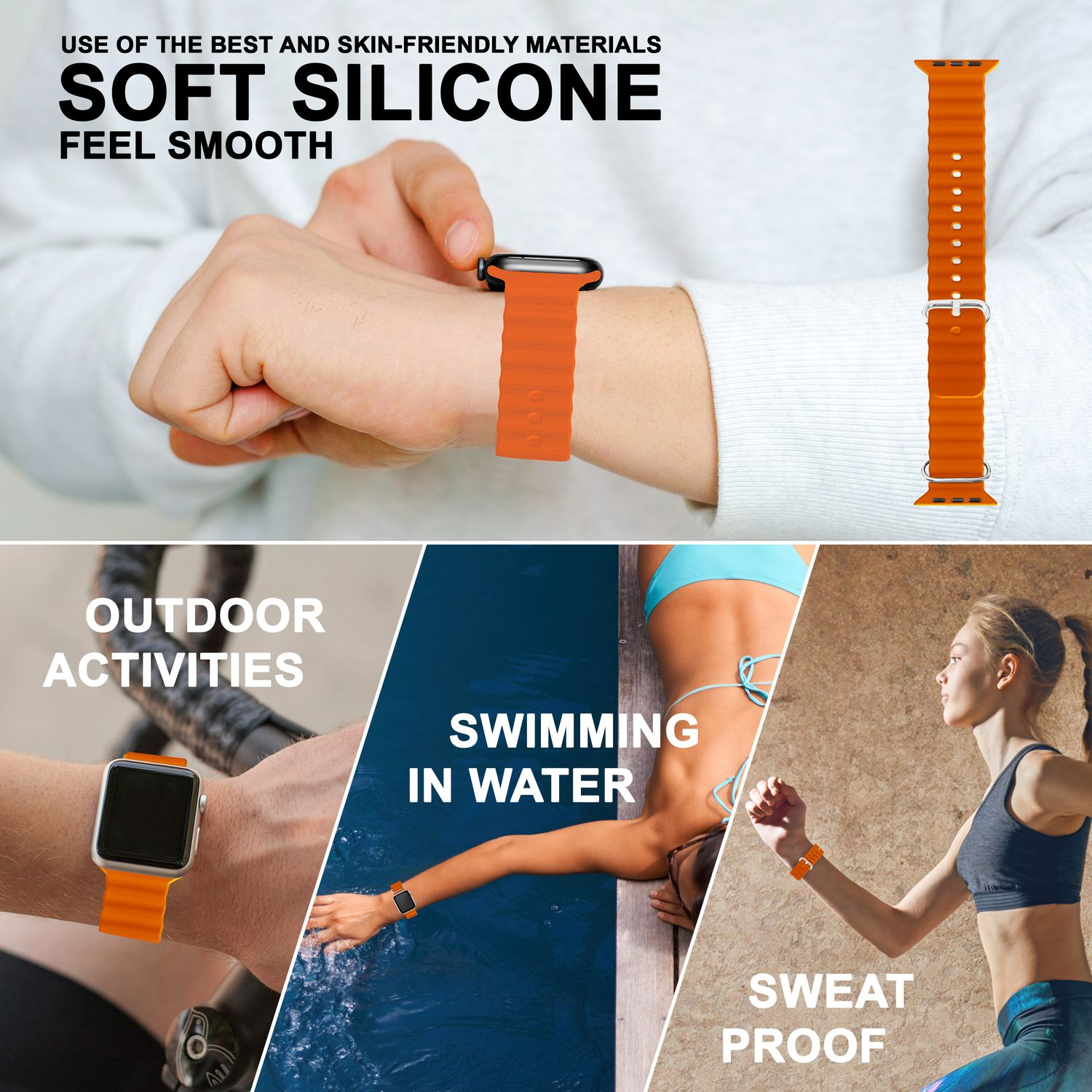 Oranges Silikon-Armband mit verschiedenen Aktivitätsszenen: Outdoor, Schwimmen und Laufen. Textüberlagerungen.