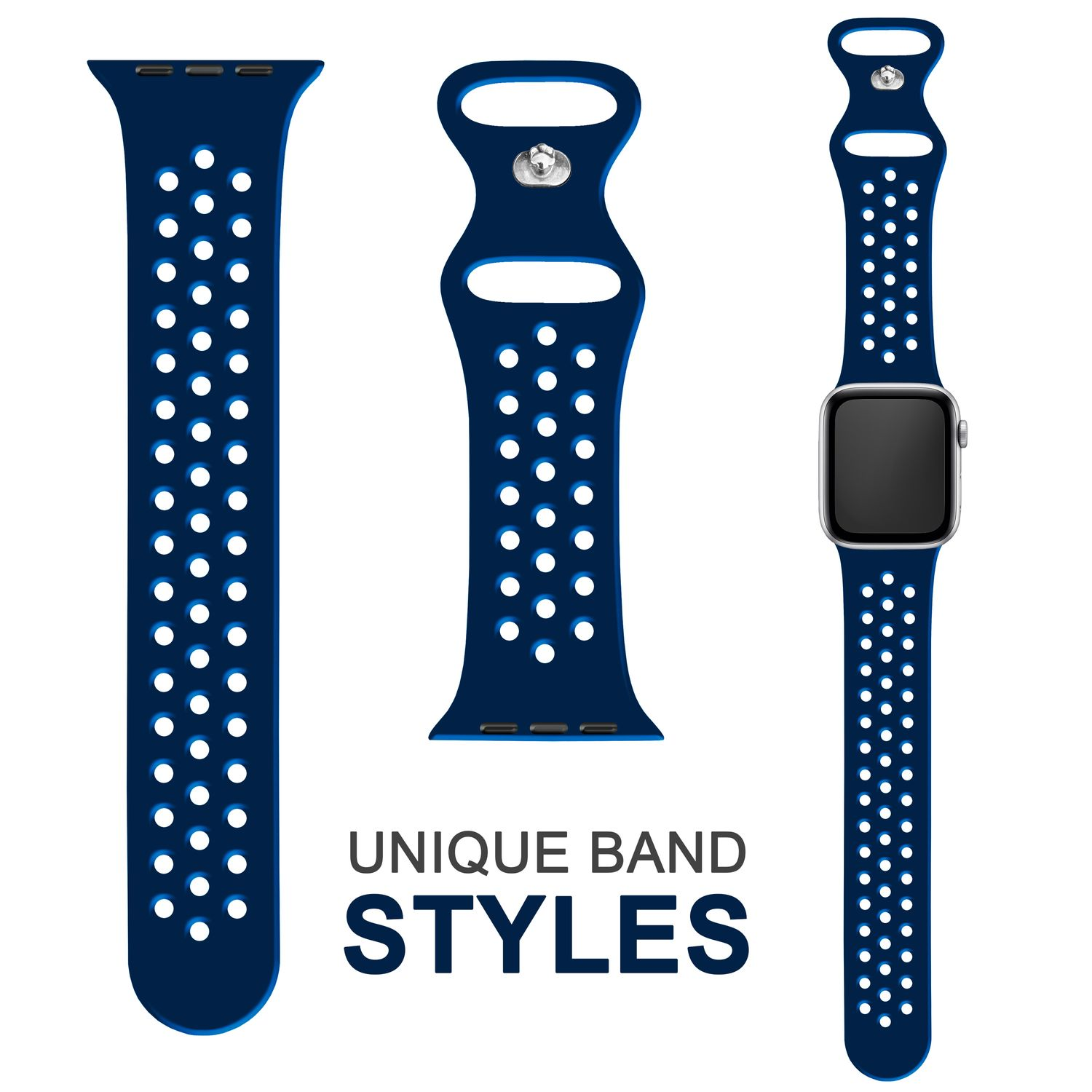 Drei dunkelblaue Uhrenarmbänder. Eines ist mit einer Uhr bestückt. Text lautet: UNIQUE BAND STYLES.