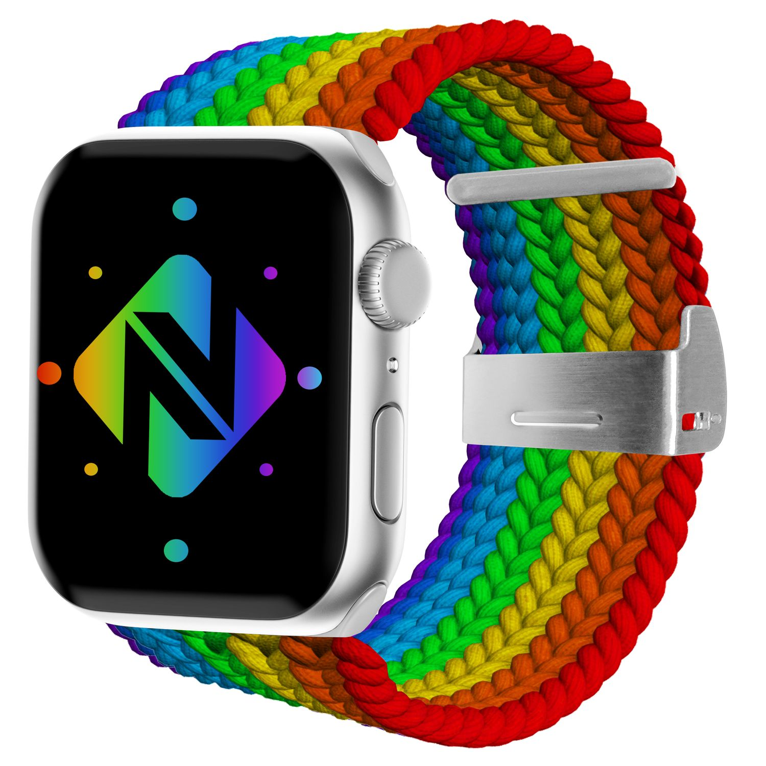 Smartwatch mit einem Regenbogen-geflochtenen Armband. Das Zifferblatt ist schwarz und hat ein Logo auf dem Bildschirm.