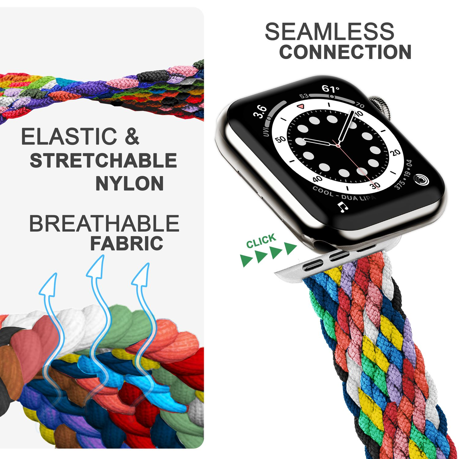 Geflochtenes Nylon-Apple Watch-Armband in mehreren Farben, mit Smartwatch und Text über Funktionen.