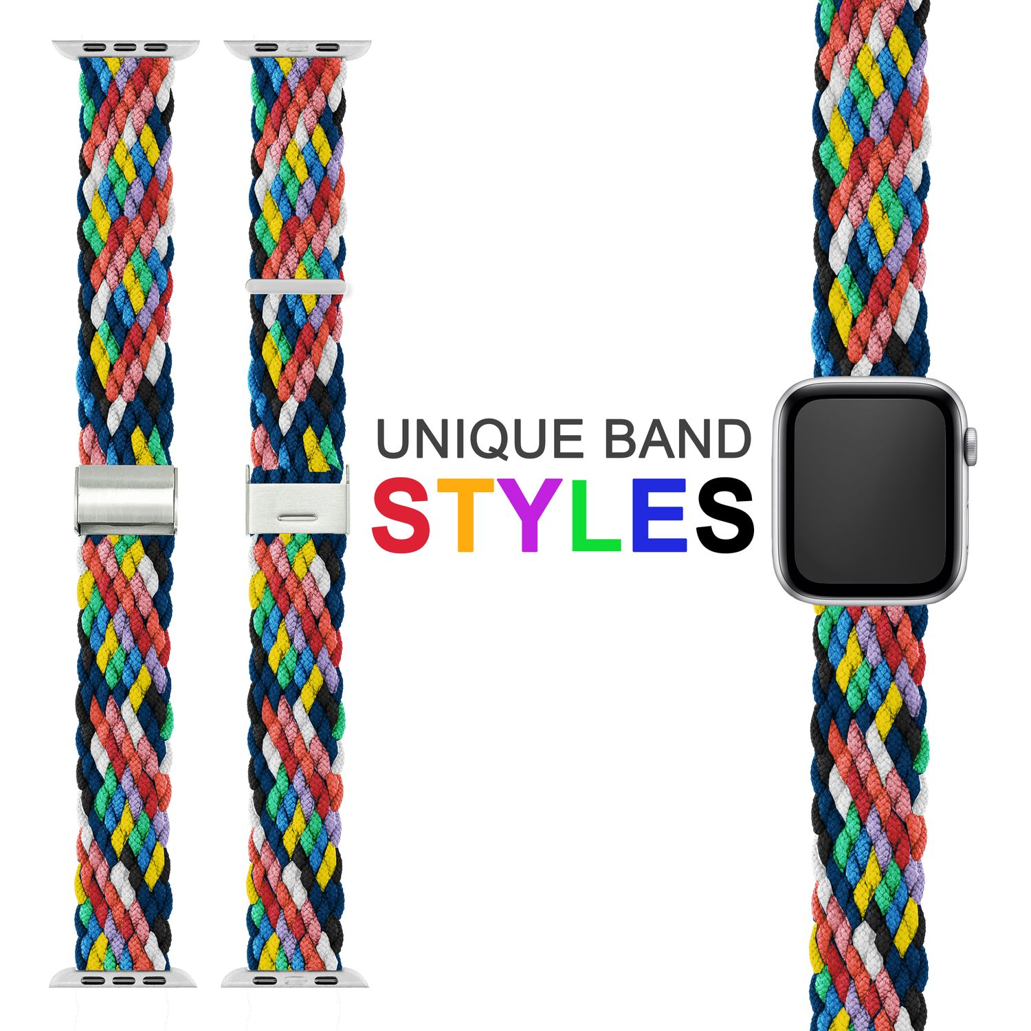 Geflochtene Uhrenarmbänder, bunt. „Unique Band Styles“ im Zentrum. Apple Watch mit Band.
