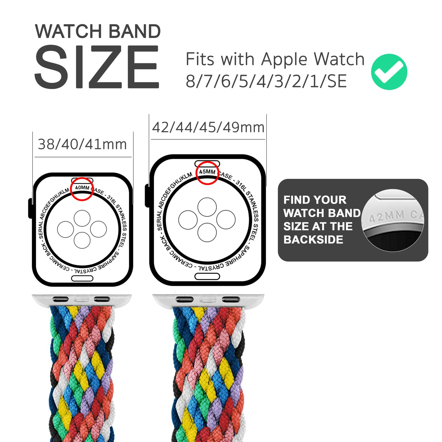 Größenübersicht für Uhrenarmbänder mit Uhrengrößen und farbenfrohen Armbändern.