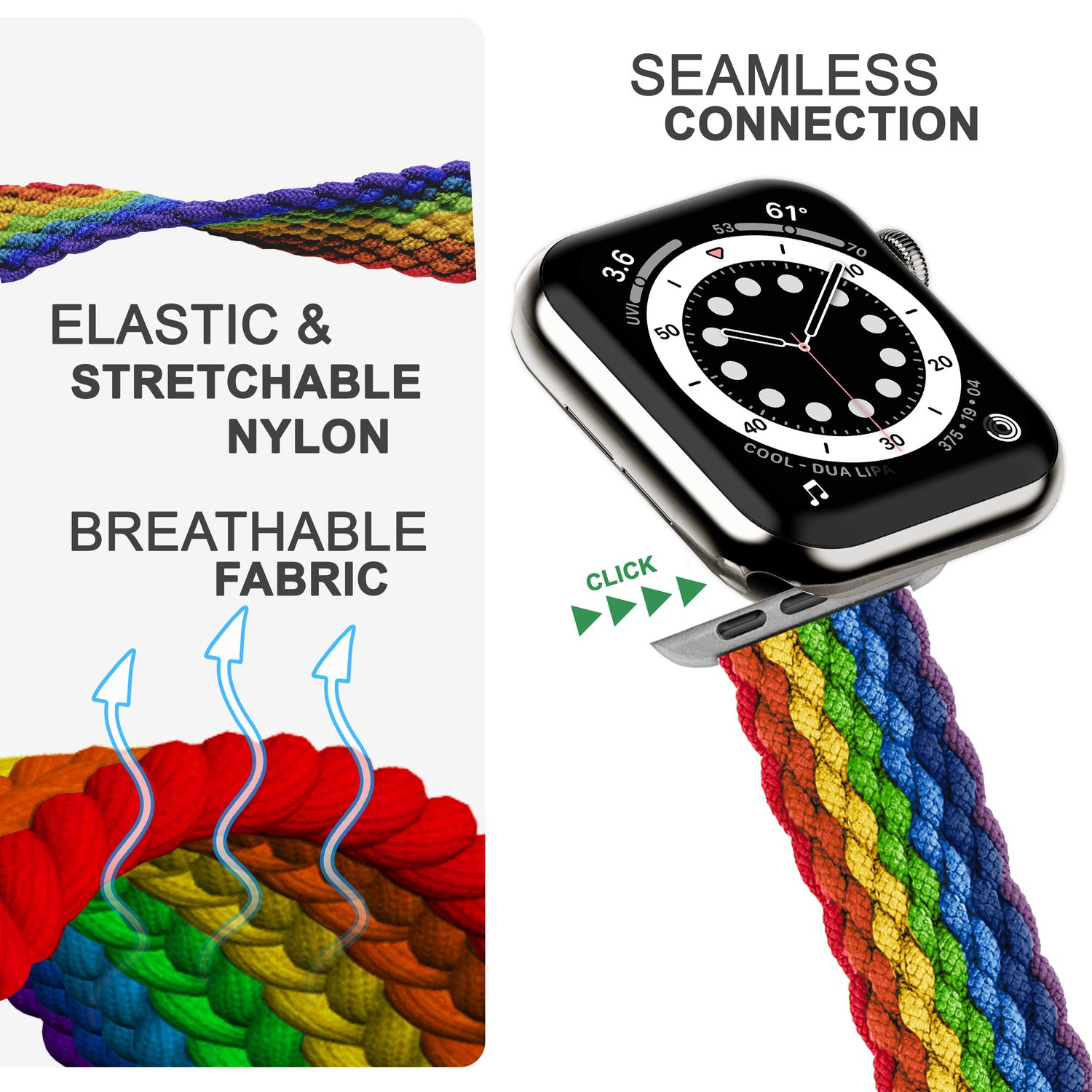 NALIA Geflochtenes Smart-Watch Armband, Apple Watch Apple, 42mm/44mm/45mm/49mm, Ersatzarmband, Regenbogen