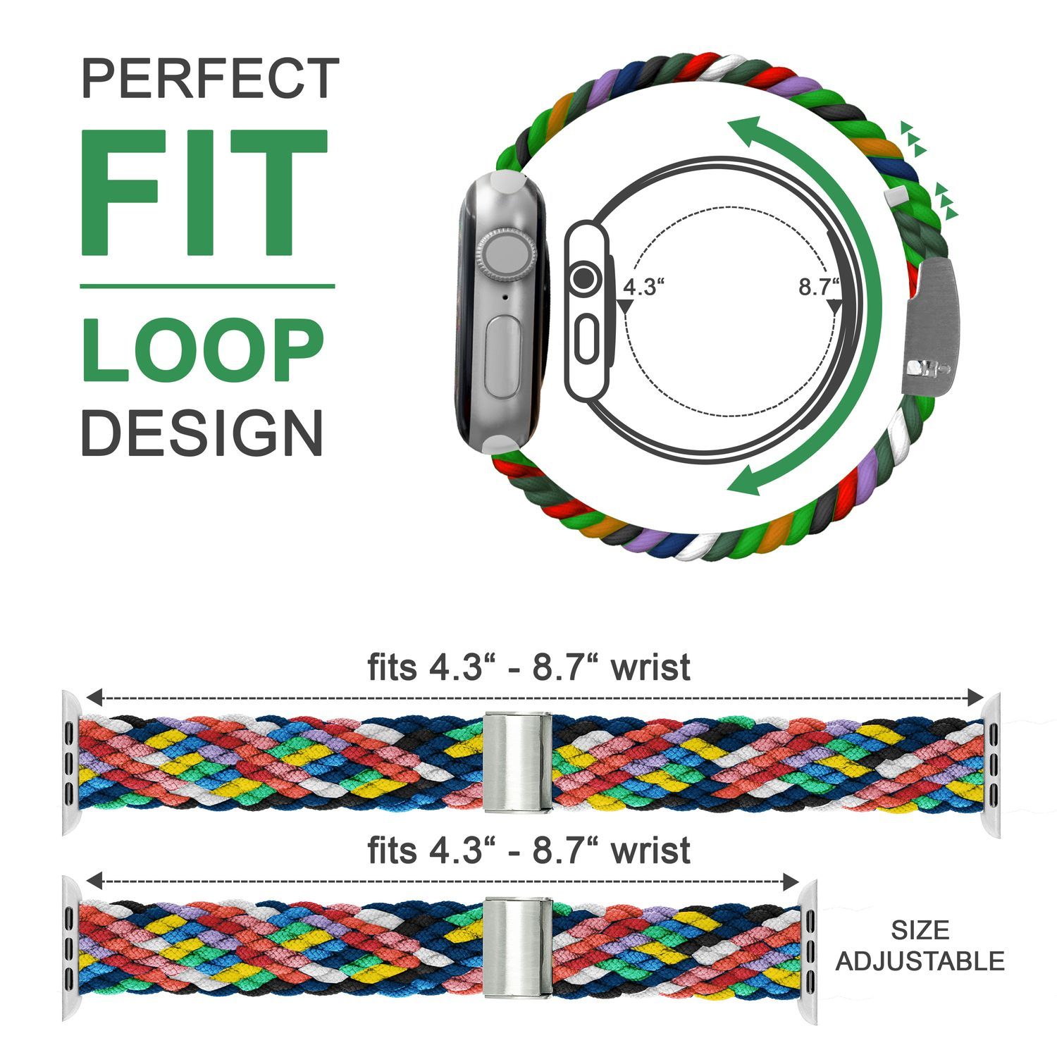 Ein geflochtenes Armband mit bunten Fäden, einer Uhr und Größenanpassungsinformationen.