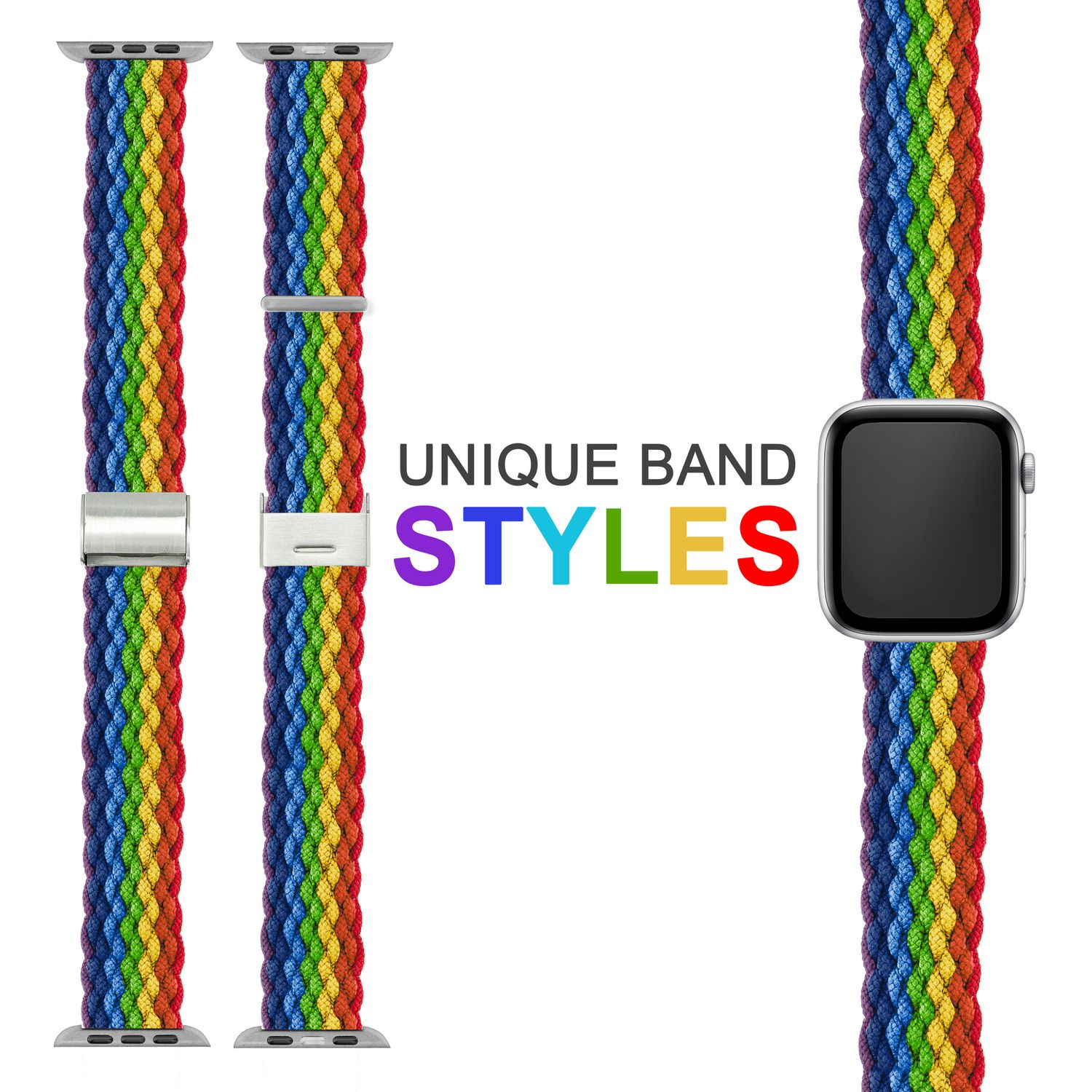 Regenbogen-Uhrenarmbänder mit silbernen Verschlüssen und den Worten 'UNIQUE BAND STYLES' in bunten Buchstaben.