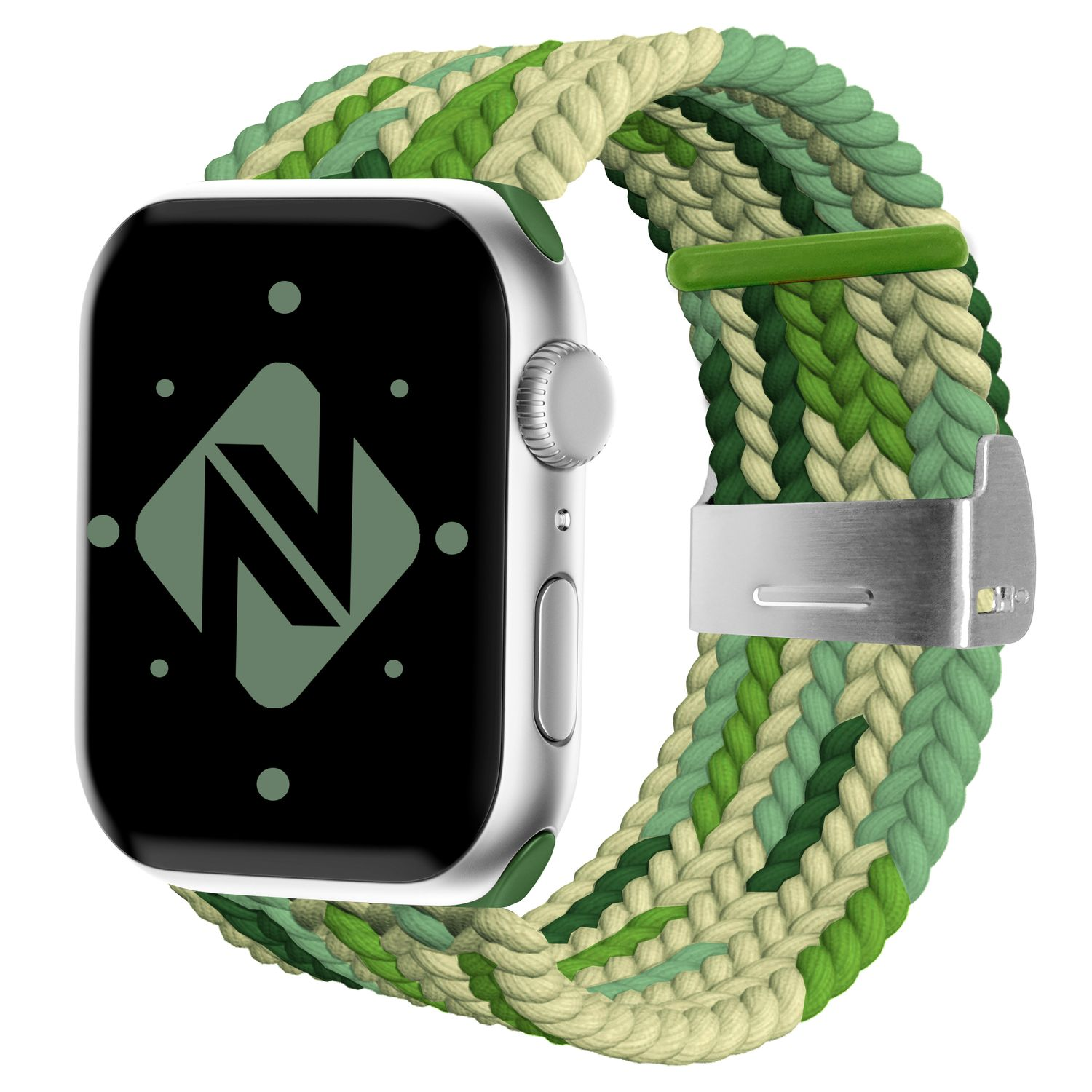 Grünes Uhrenarmband. Geflochtenes Design. Apple Watch. Schwarzes Zifferblatt.