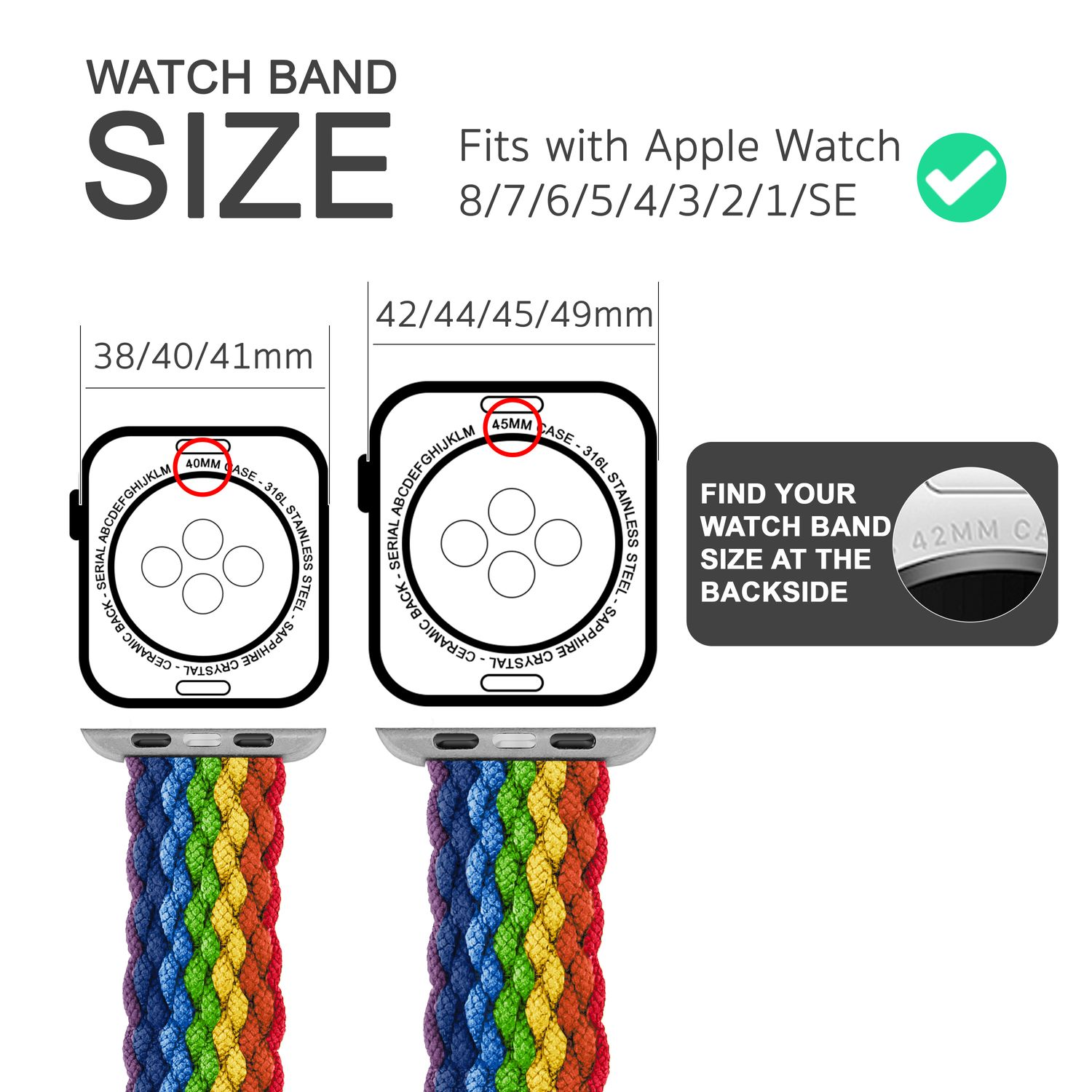 Apple Watch Armband Größenführer mit regenbogenfarbenem geflochtenem Band. Zeigt die Größe.
