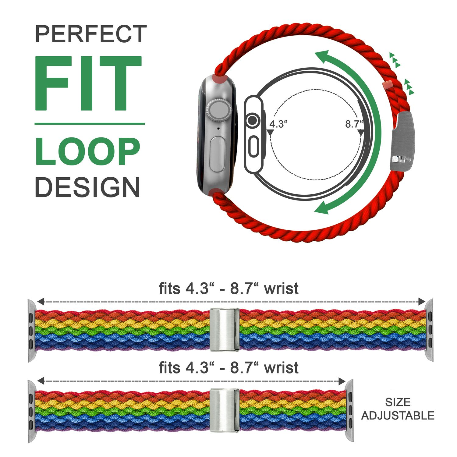 Ein Armband mit Regenbogenmuster. Es ist rot und hat einen Metallverschluss.