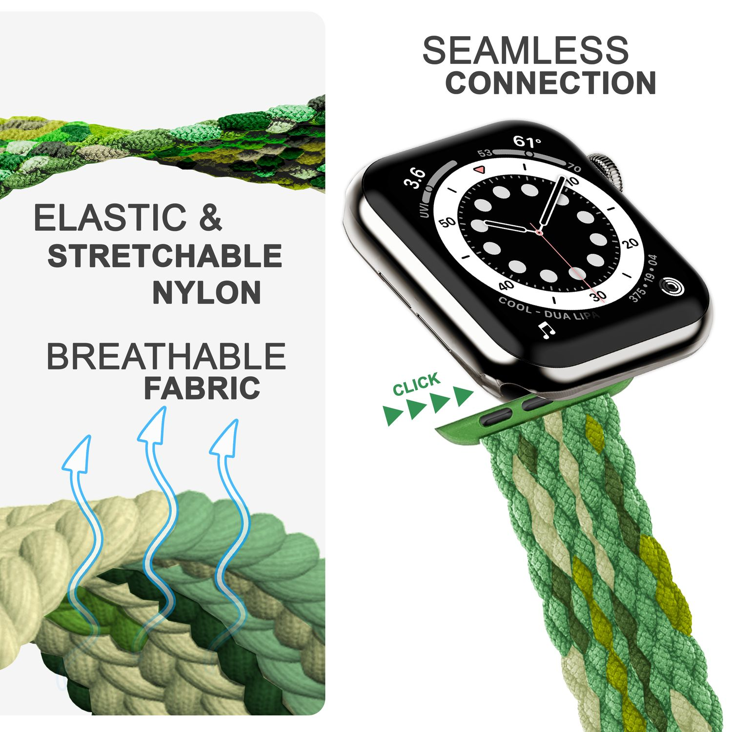 Smartwatch mit grün-beigem geflochtenem Band. Klick für Verbindung.