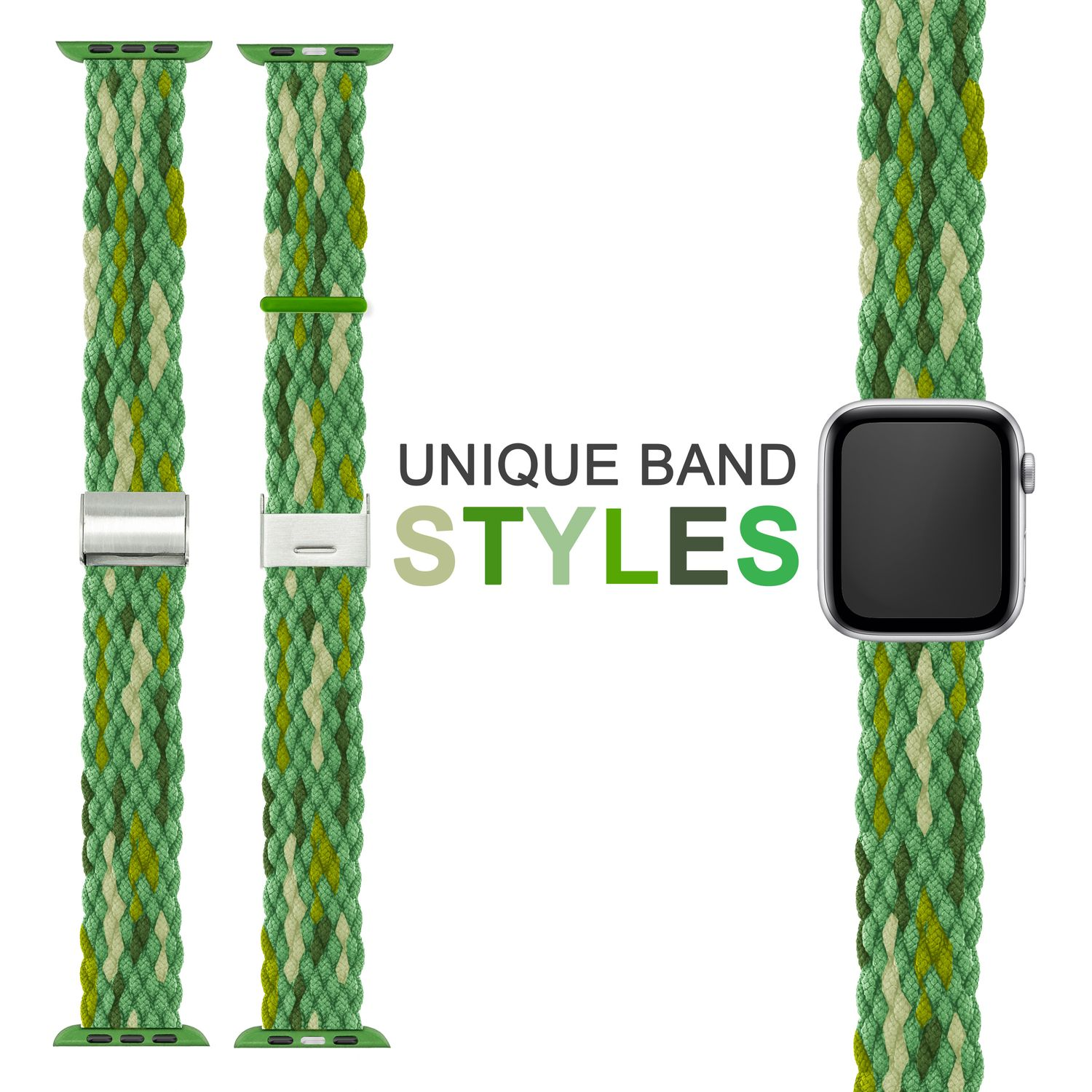 Grünes Uhrenarmband, ein einzigartiger Webstil, mit dem Wort 'STYLES' in der Mitte des Bildes.