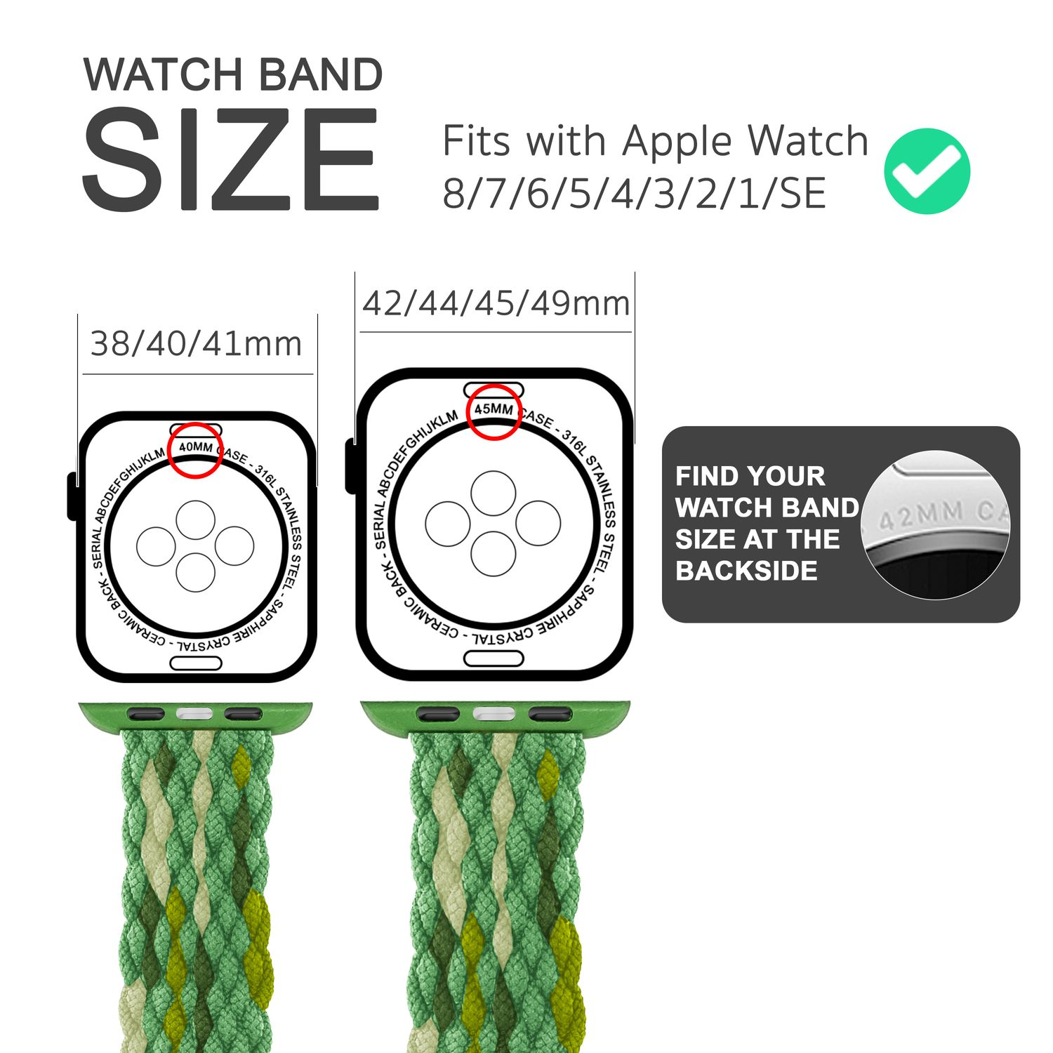 Armband-Größenübersicht. Grüne und weiße Armbänder. Text und Diagramme, weißer Hintergrund.
